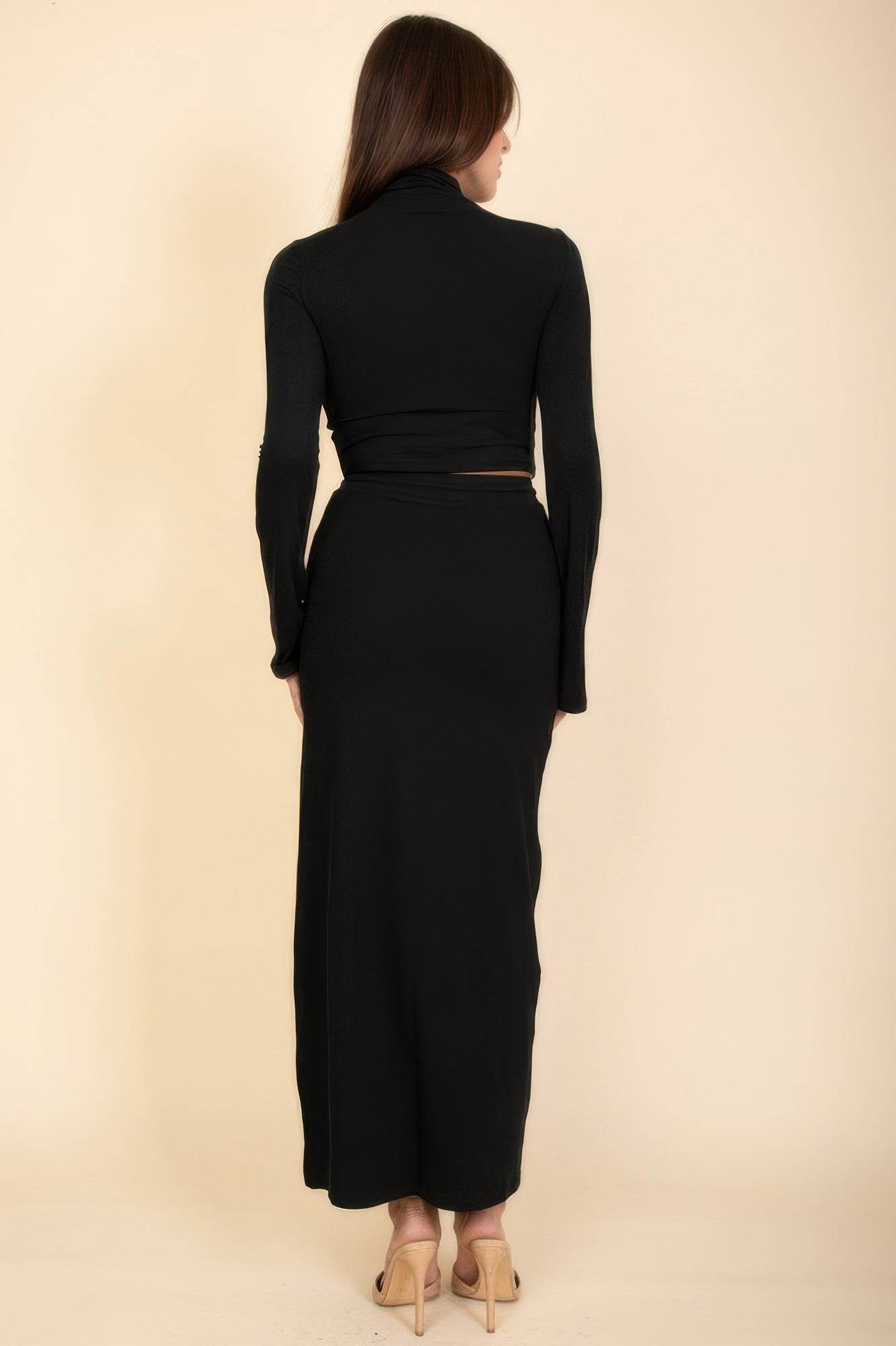 Mock Neck Bell Sleeve Crop Top & Maxi Skirt Set - Elegant Two Piece Set - Fashions Envy