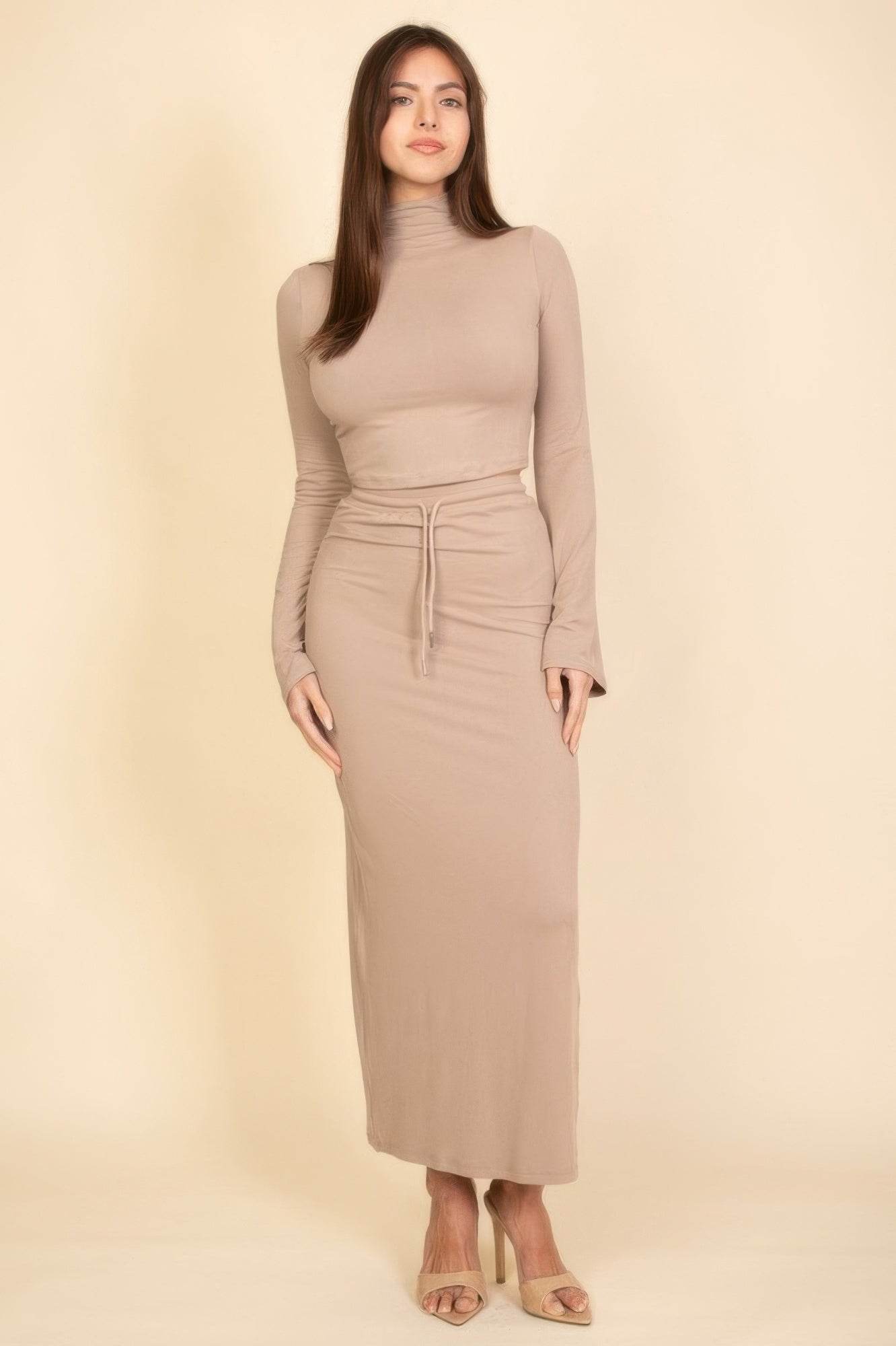 Mock Neck Bell Sleeve Crop Top & Maxi Skirt Set - Elegant Two Piece Set - Fashions Envy