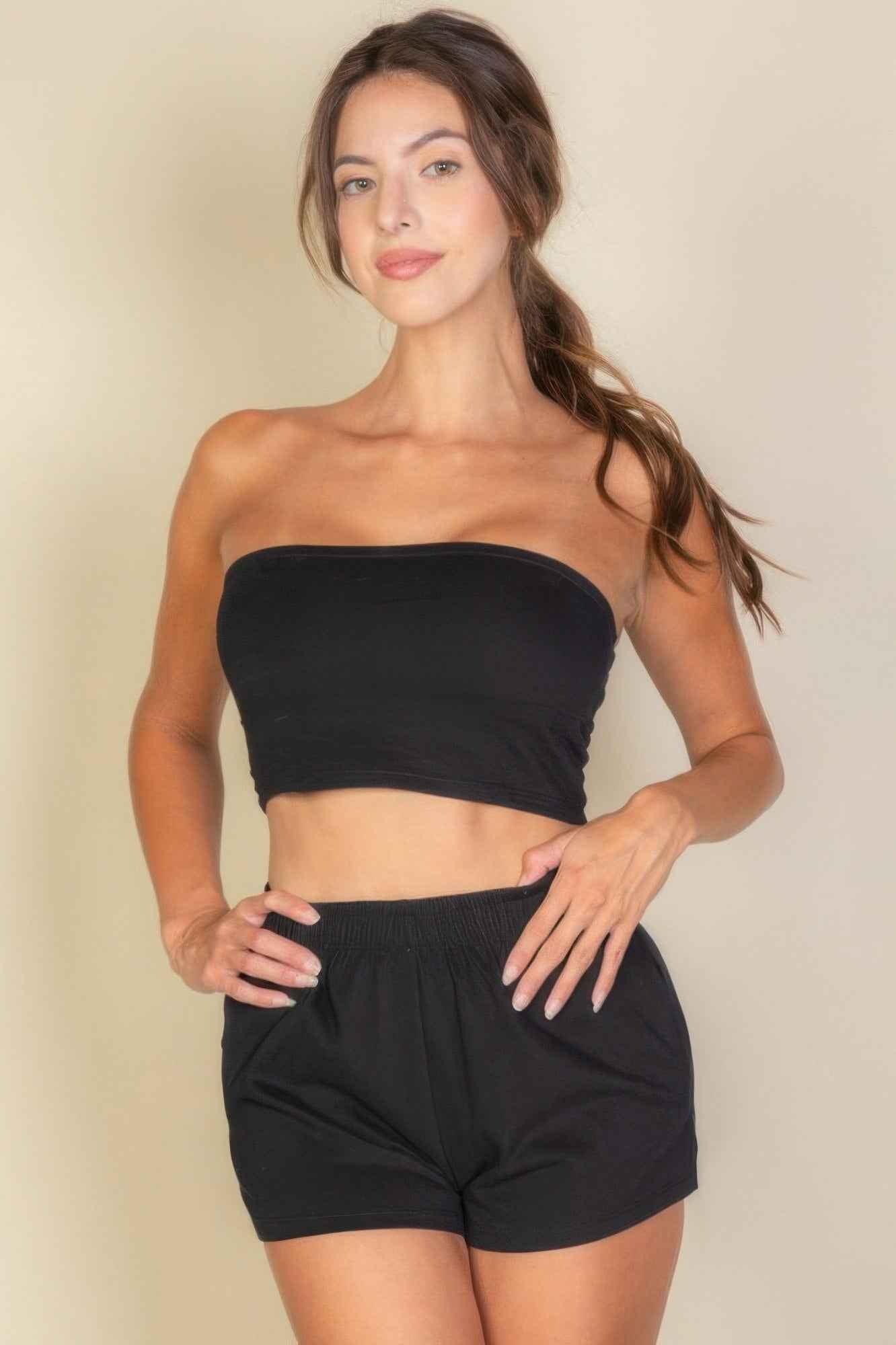 Simple Solid Color Two Piece Set - Tube Top And Shorts