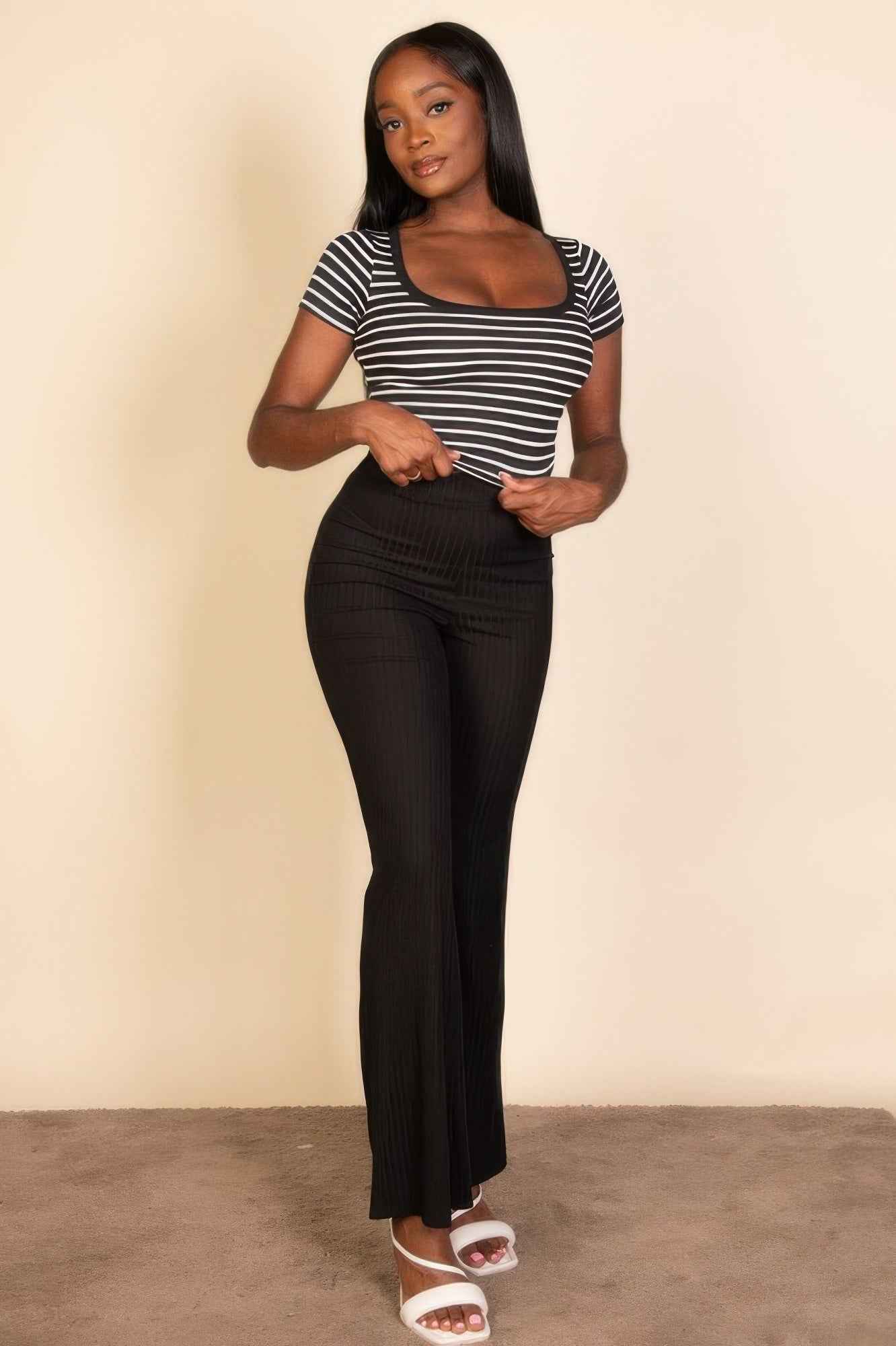 CAPELLA Striped Ribbed Crop Top - Square Neck Cap Sleeve