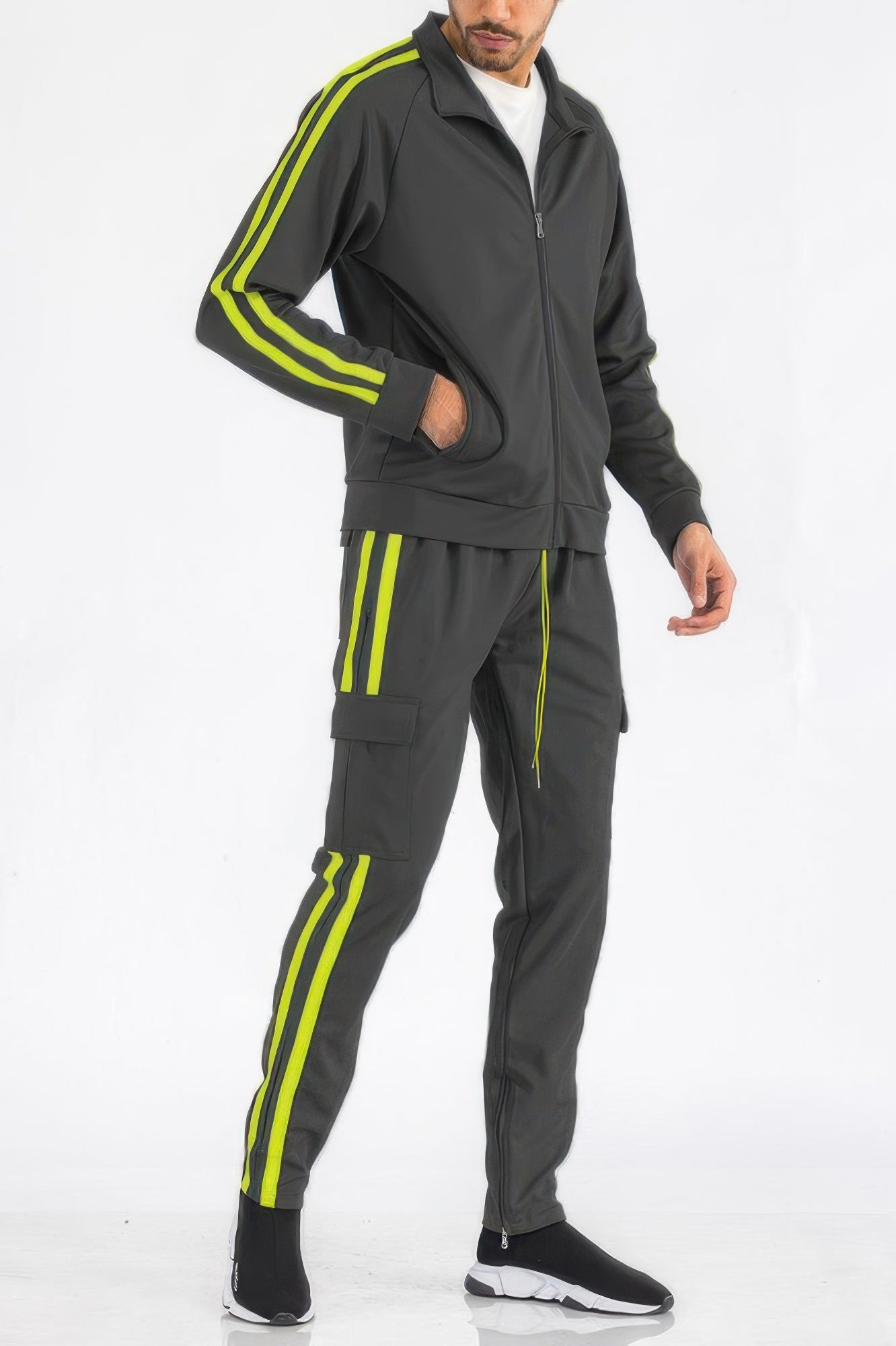 Men's Tracksuit Set - Two Stripe Utility Cargo Pockets - Fashions Envy