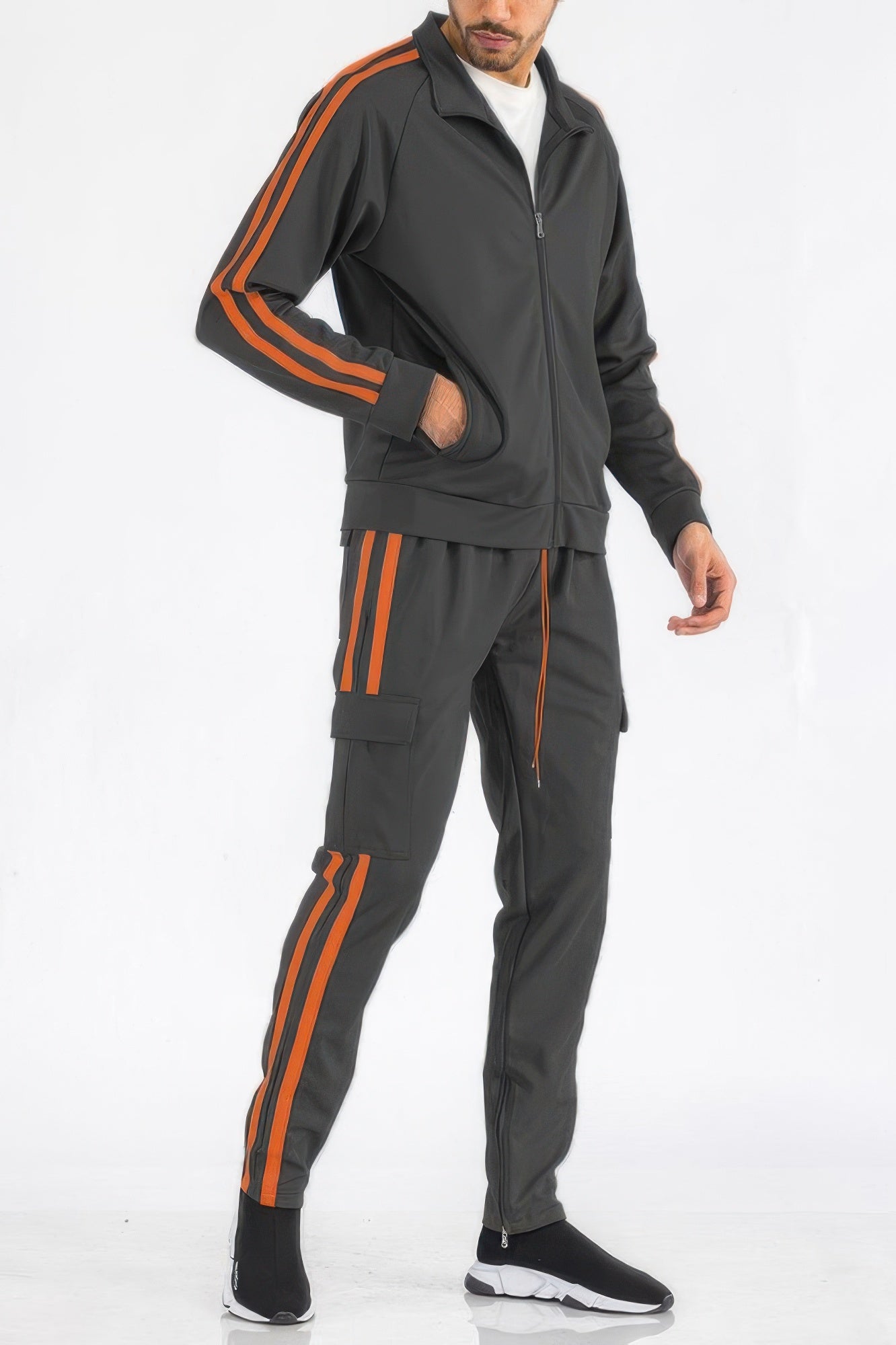 Men's Tracksuit Set - Two Stripe Utility Cargo Pockets - Fashions Envy