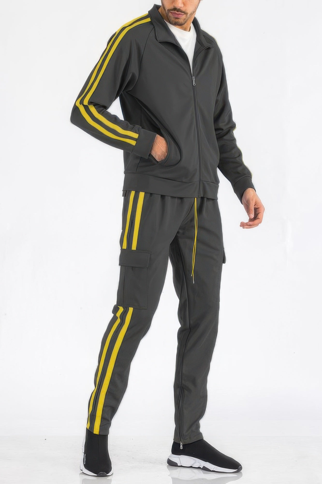 Men's Tracksuit Set - Two Stripe Utility Cargo Pockets - Fashions Envy