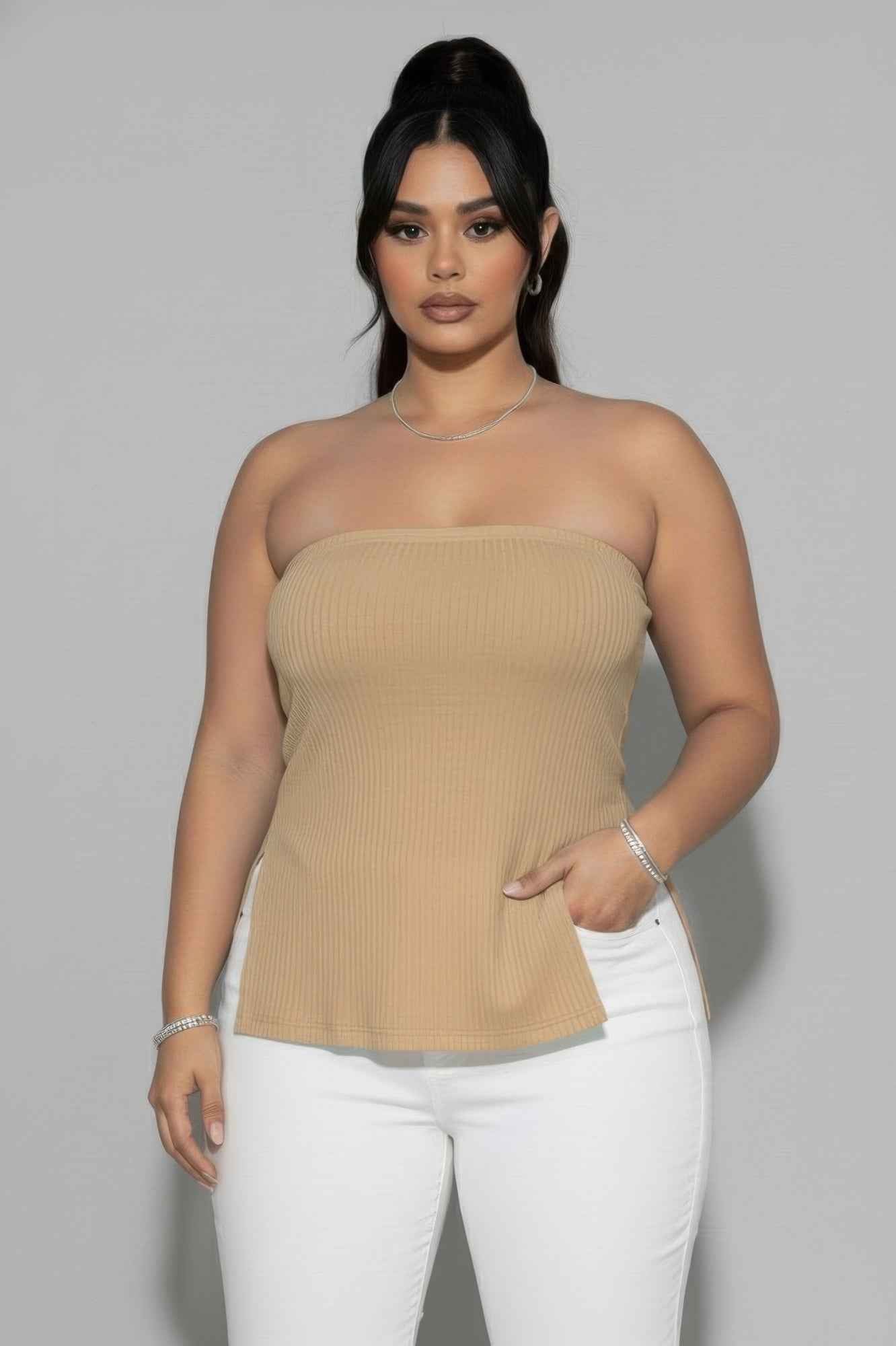 CAPELLA Plus Strapless Ribbed Top - Side Slit Flare Hem