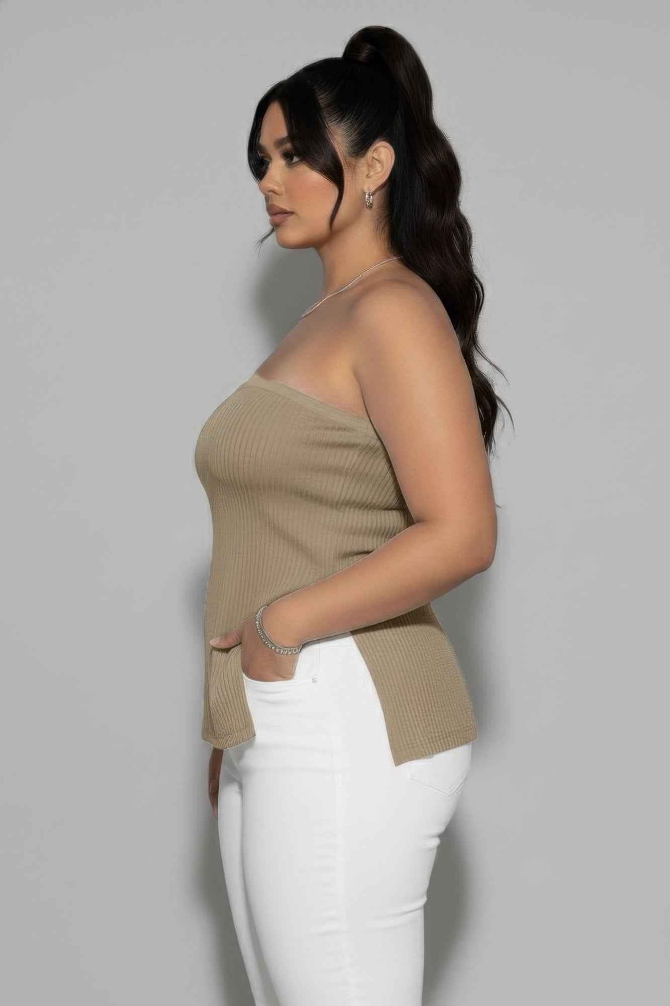 CAPELLA Plus Strapless Ribbed Top - Side Slit Flare Hem