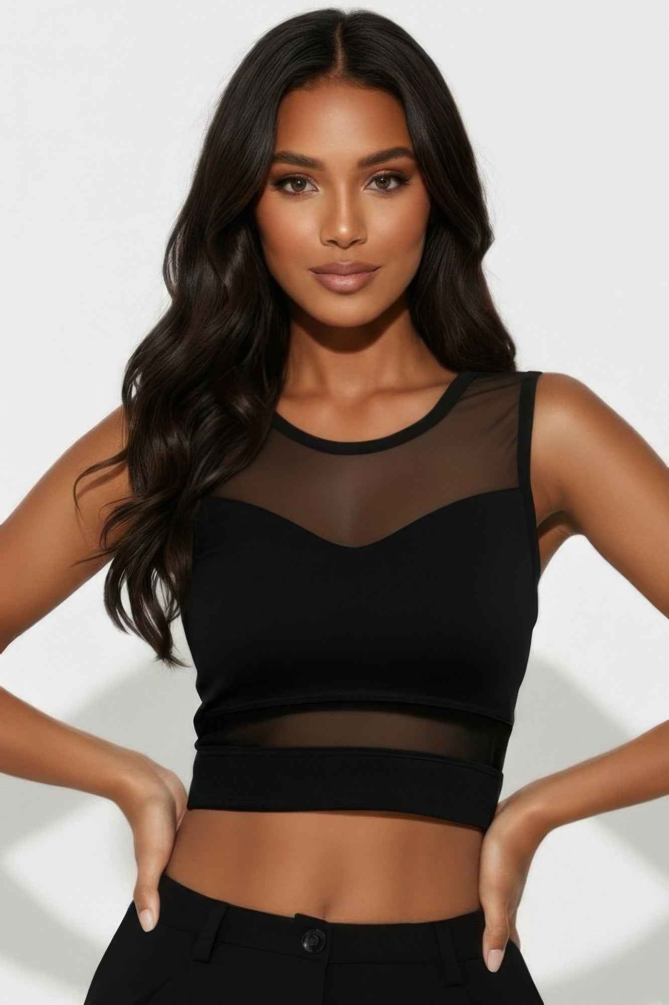 CAPELLA Sheer Mesh Panel Crop Top - Contrast Bodycon Tank