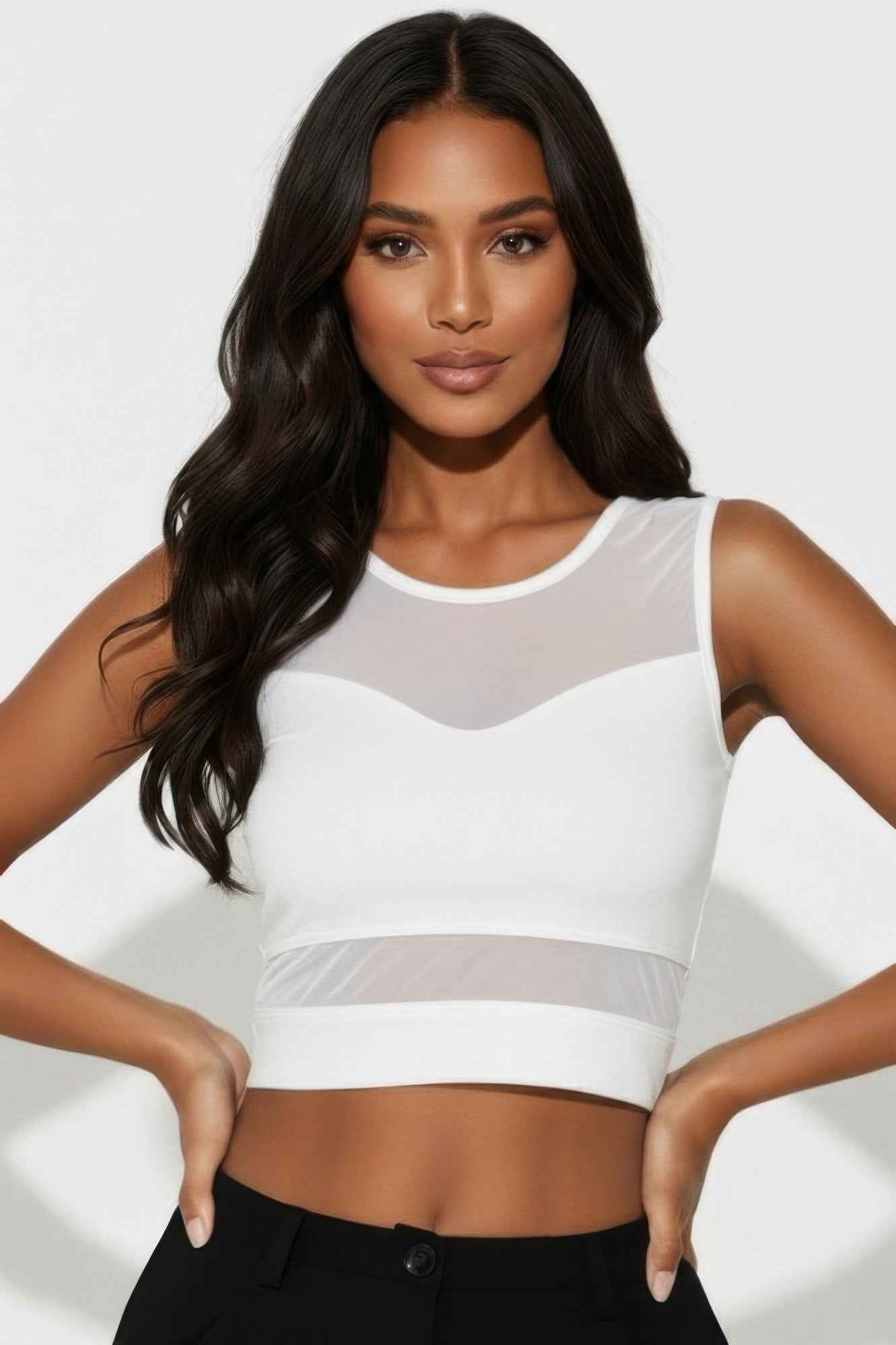 CAPELLA Sheer Mesh Panel Crop Top - Contrast Bodycon Tank