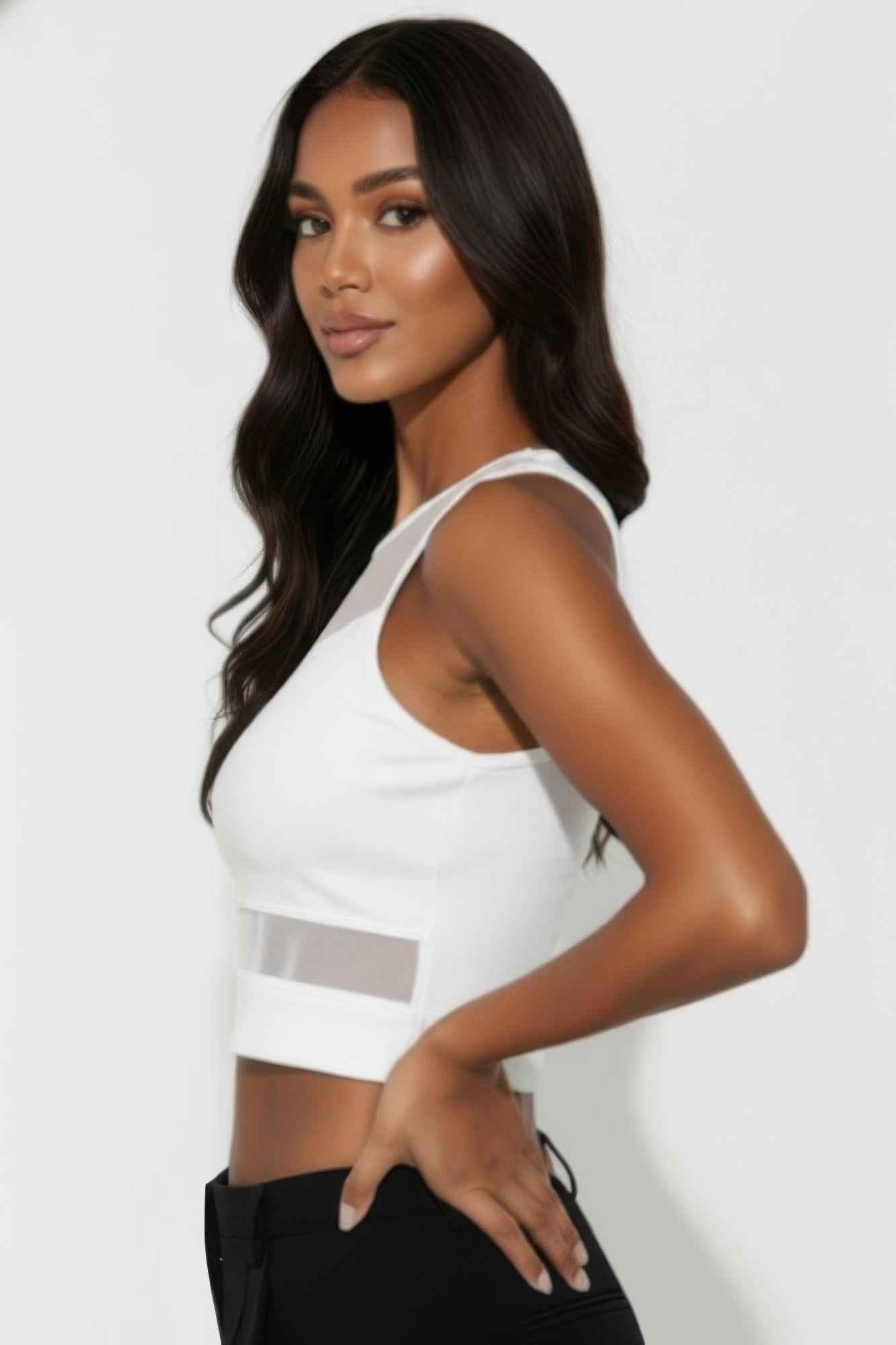 CAPELLA Sheer Mesh Panel Crop Top - Contrast Bodycon Tank