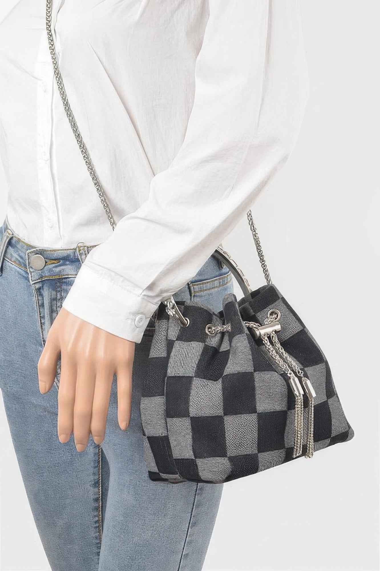 Two Tone Denim Bucket Bag W/metal Handle