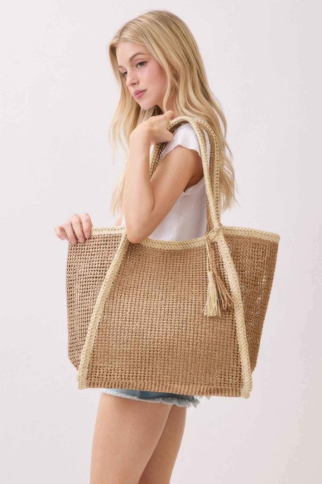 Two Tone Woven Straw Tote Bag With Tassel