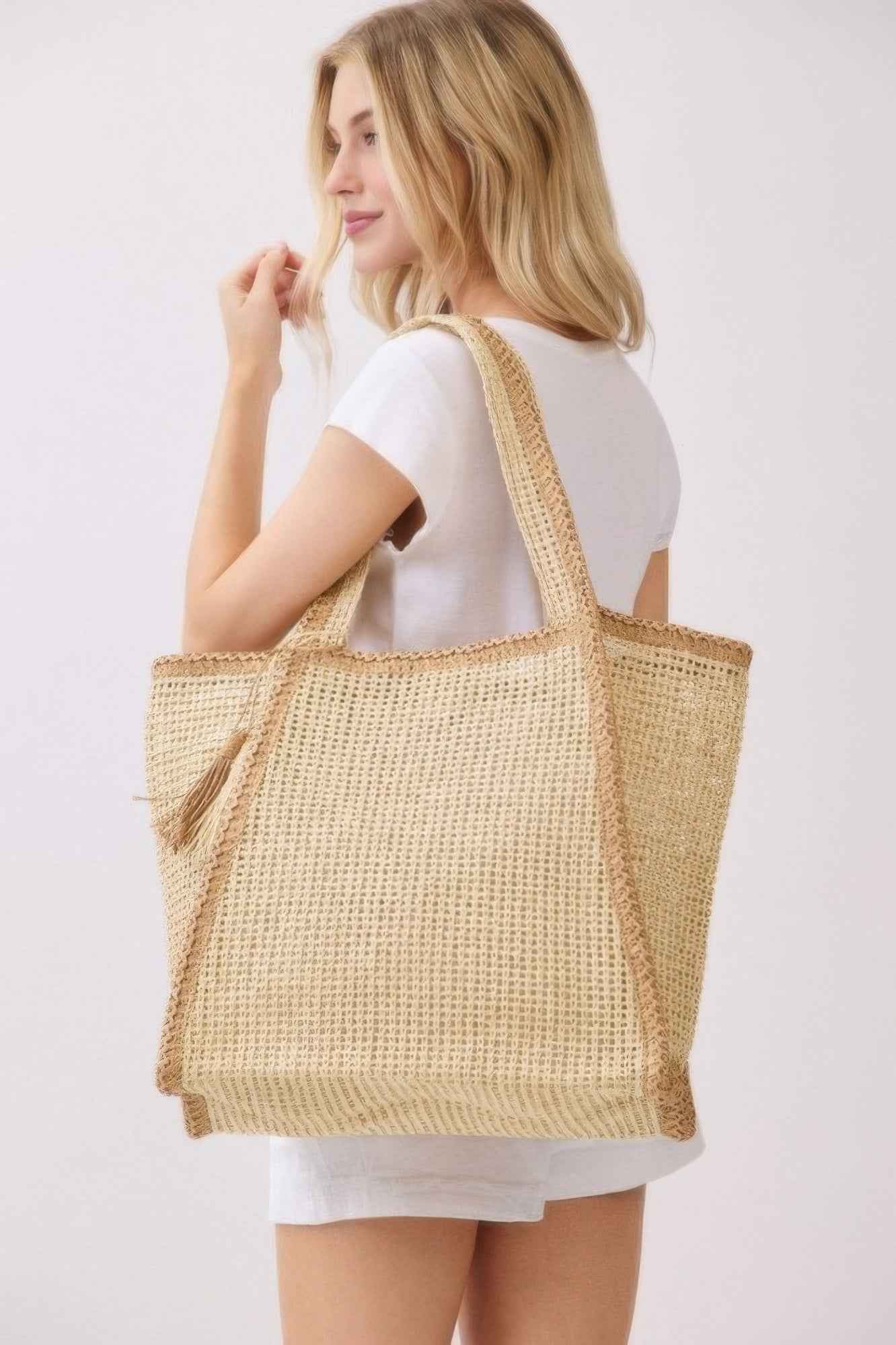 Two Tone Woven Straw Tote Bag With Tassel