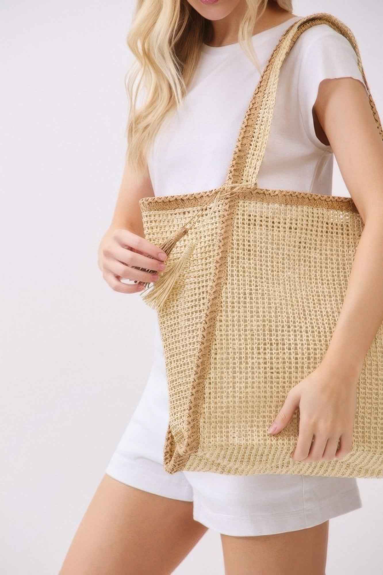 Two Tone Woven Straw Tote Bag With Tassel