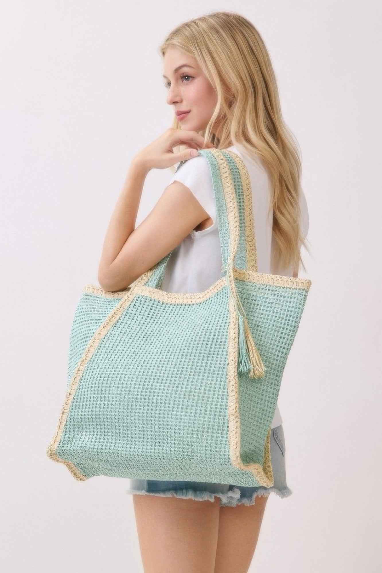 Two Tone Woven Straw Tote Bag With Tassel