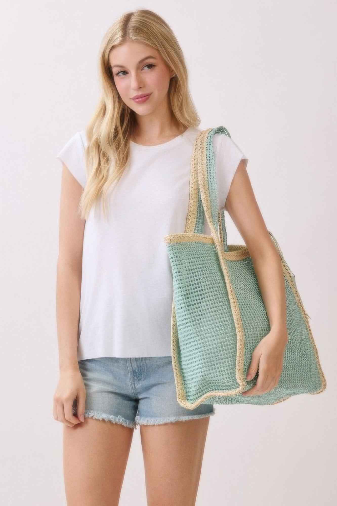 Two Tone Woven Straw Tote Bag With Tassel