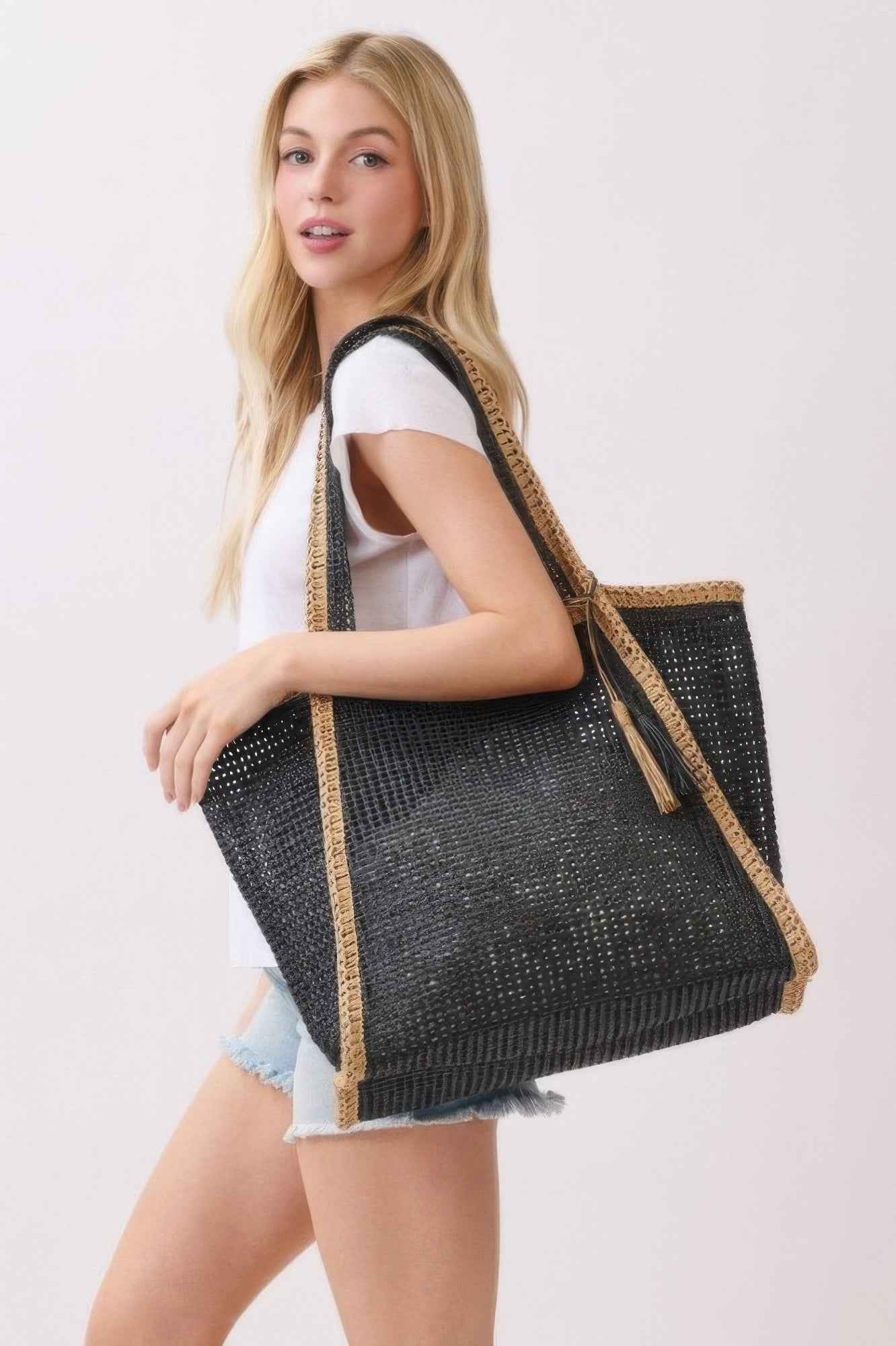 Two Tone Woven Straw Tote Bag With Tassel