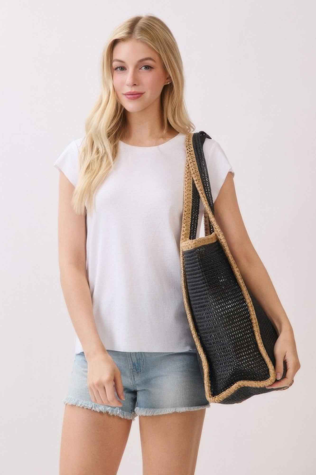 Two Tone Woven Straw Tote Bag With Tassel