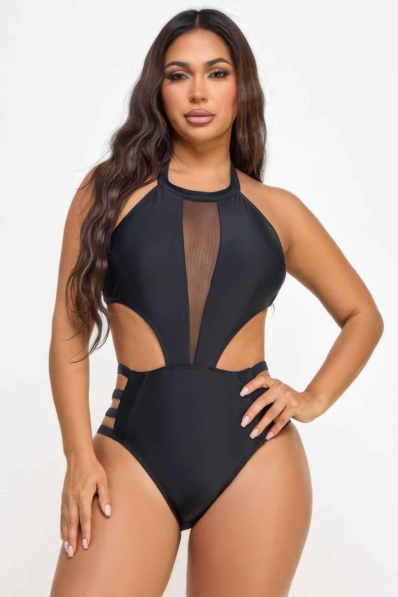 Mesh Front One Piece Swimsuit - High Neck Strappy Sides