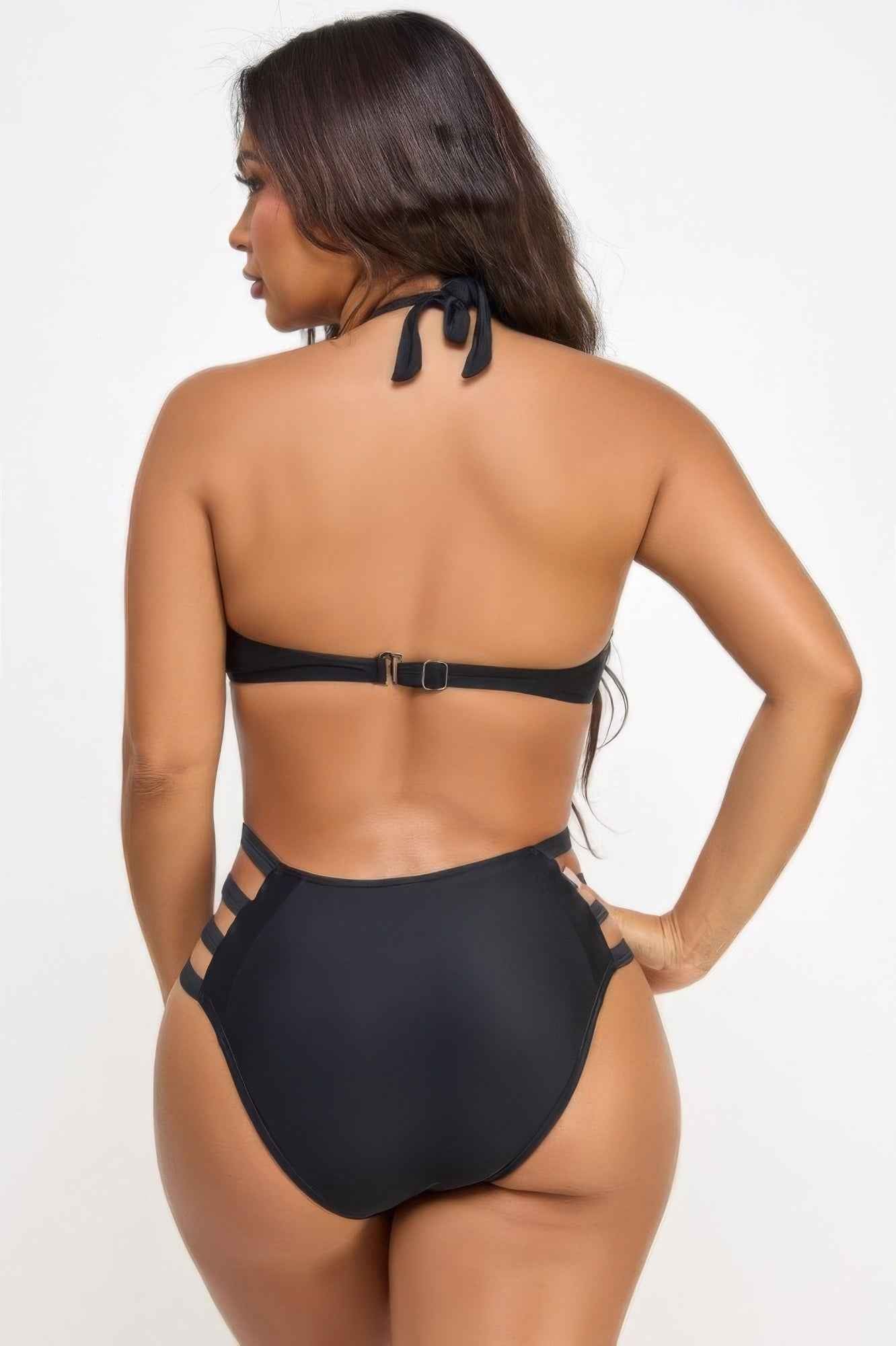 Mesh Front One Piece Swimsuit - High Neck Strappy Sides