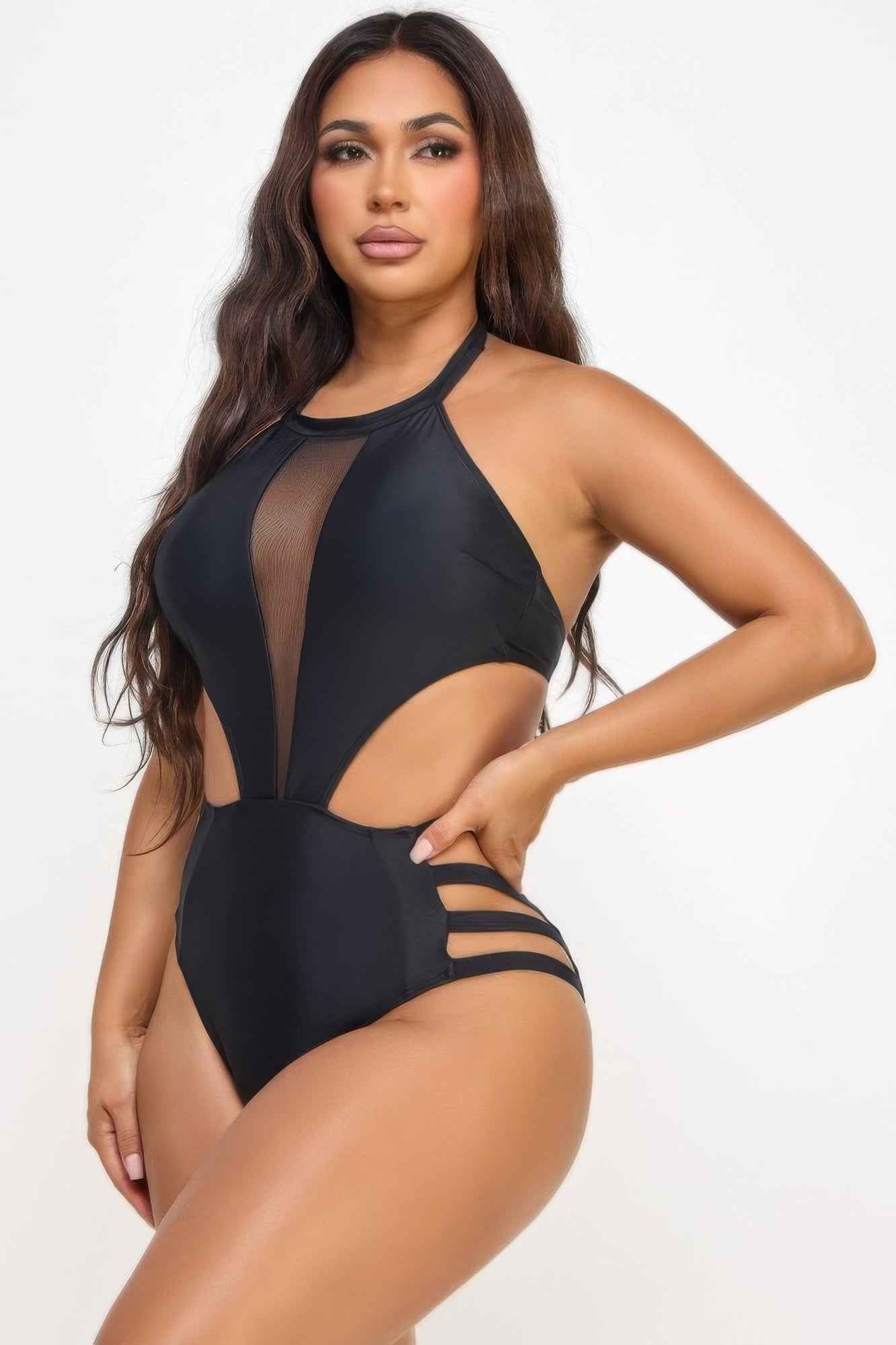 Mesh Front One Piece Swimsuit - High Neck Strappy Sides