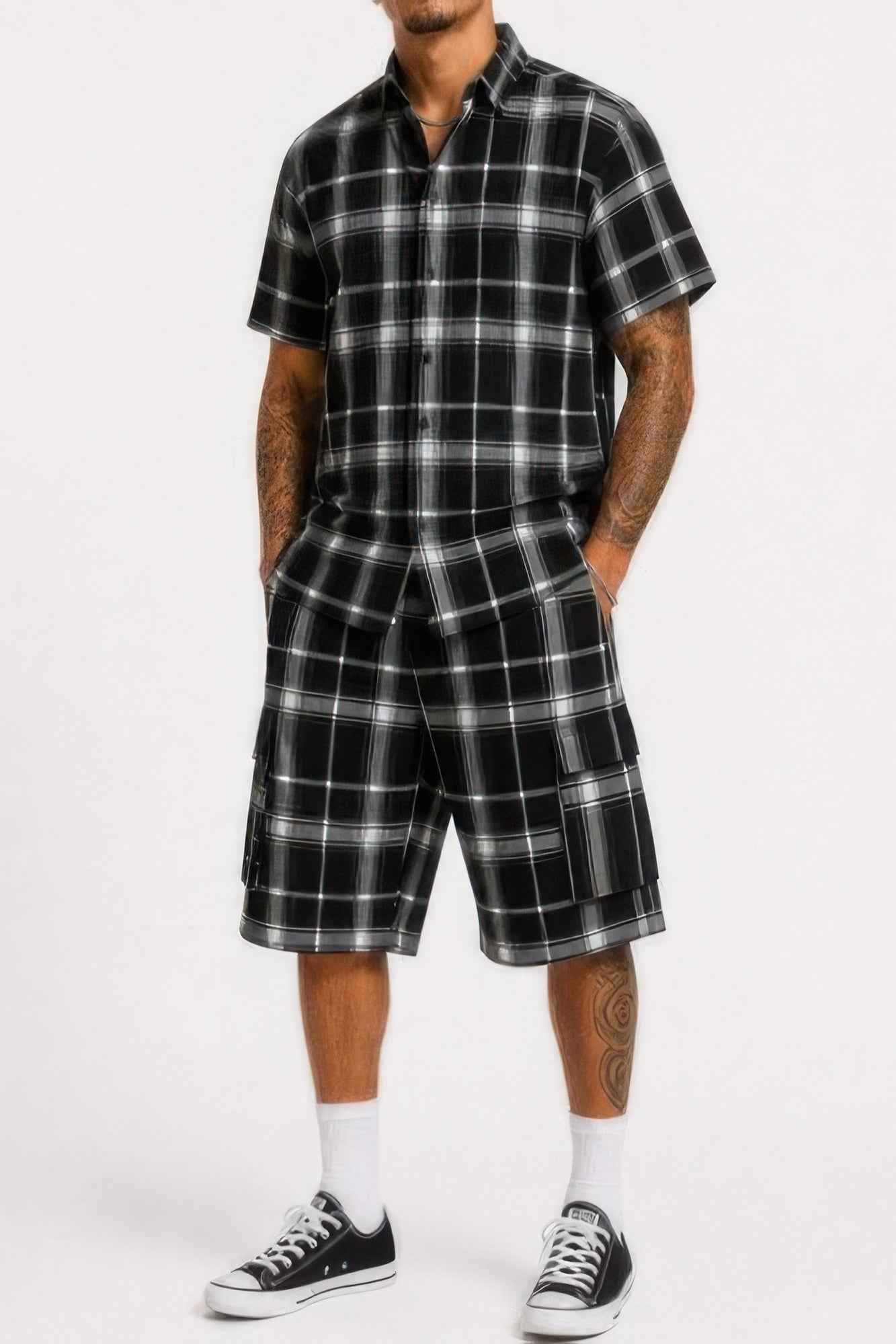 Mens Checkered Shirt And Cargo Shorts Set