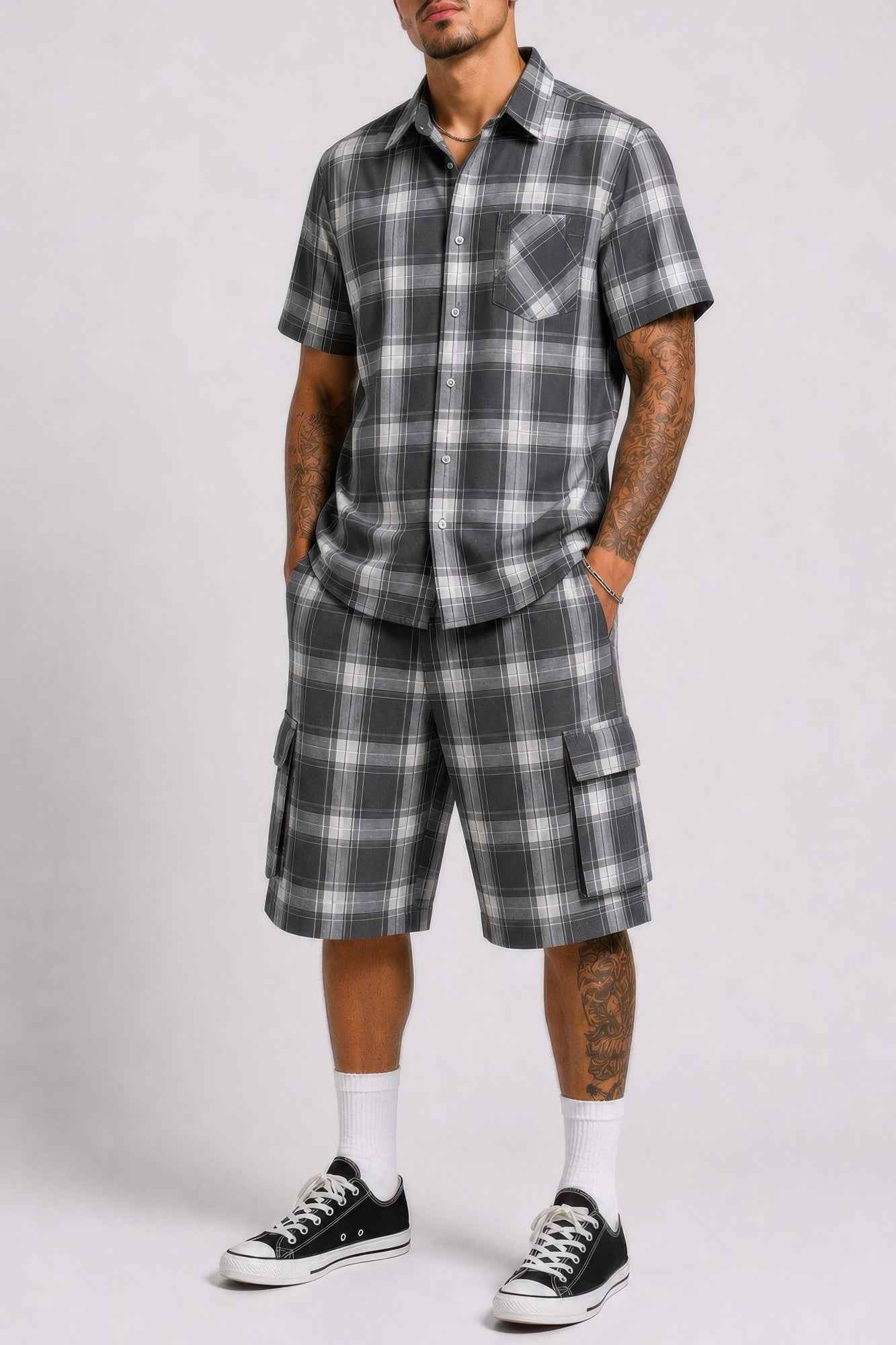 Mens Checkered Shirt And Cargo Shorts Set