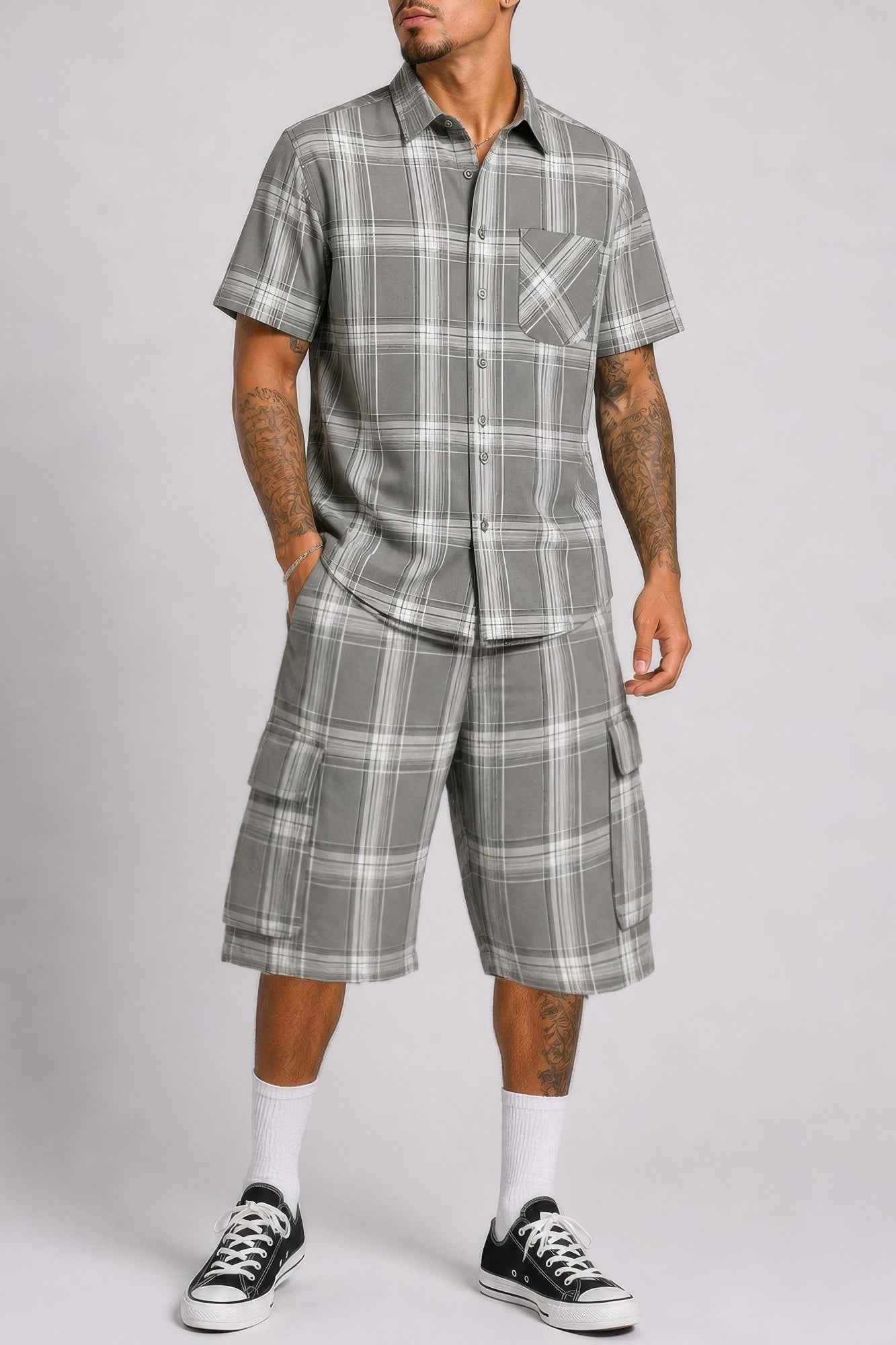 Mens Checkered Shirt And Cargo Shorts Set