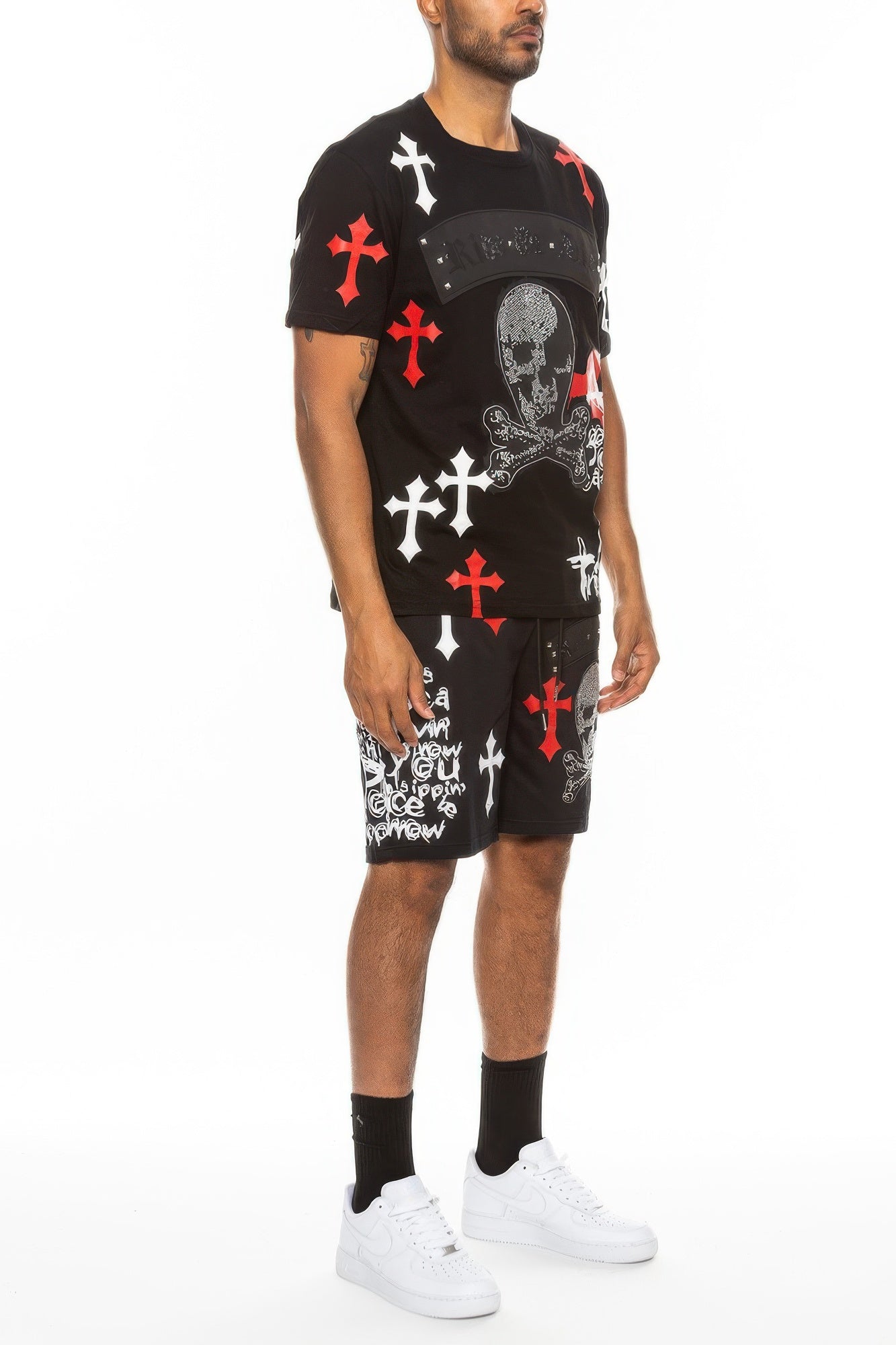Men's T-Shirt Short Set - Cotton Chrome Cross Print - Fashions Envy