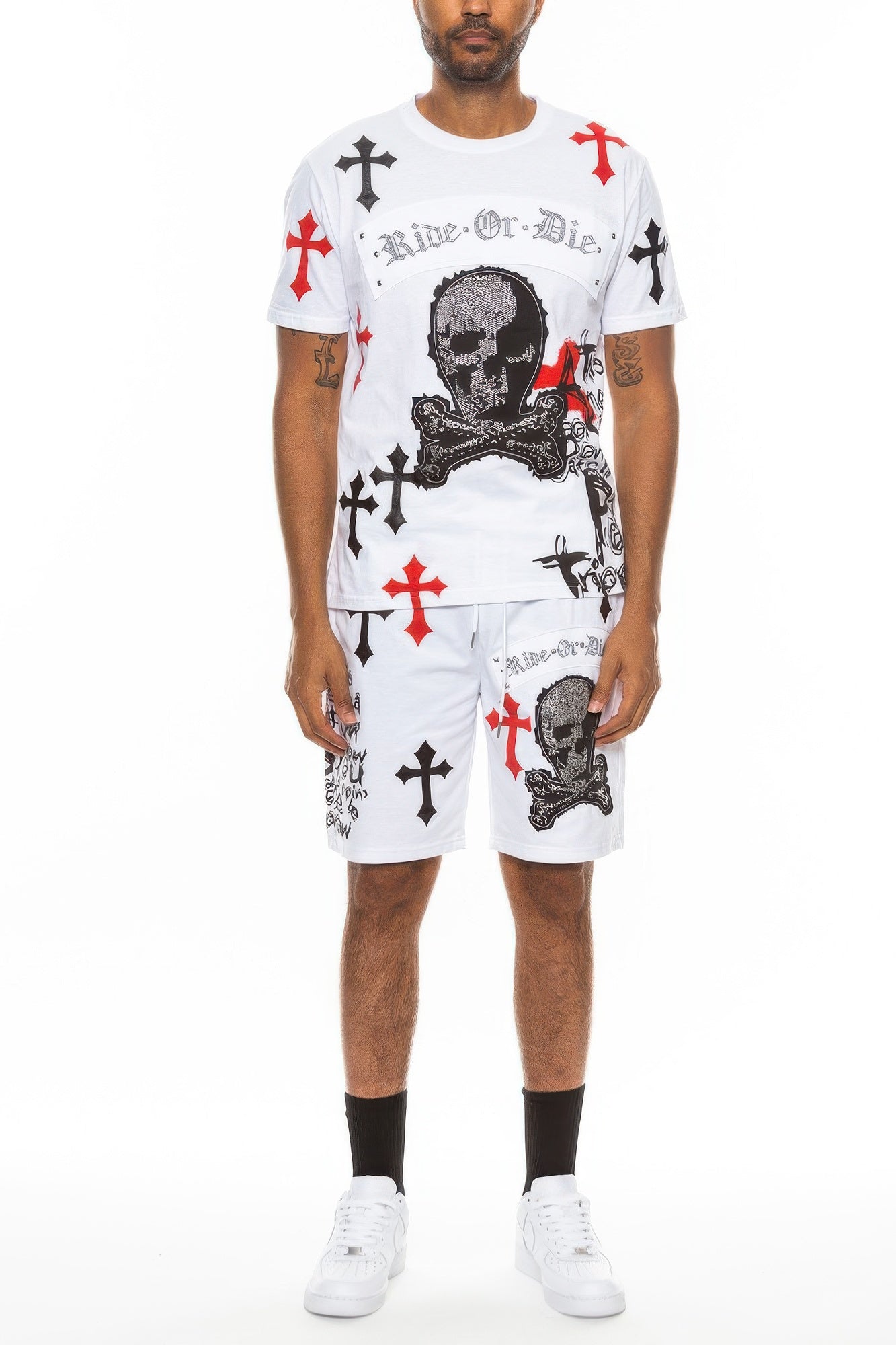 Men's T-Shirt Short Set - Cotton Chrome Cross Print - Fashions Envy
