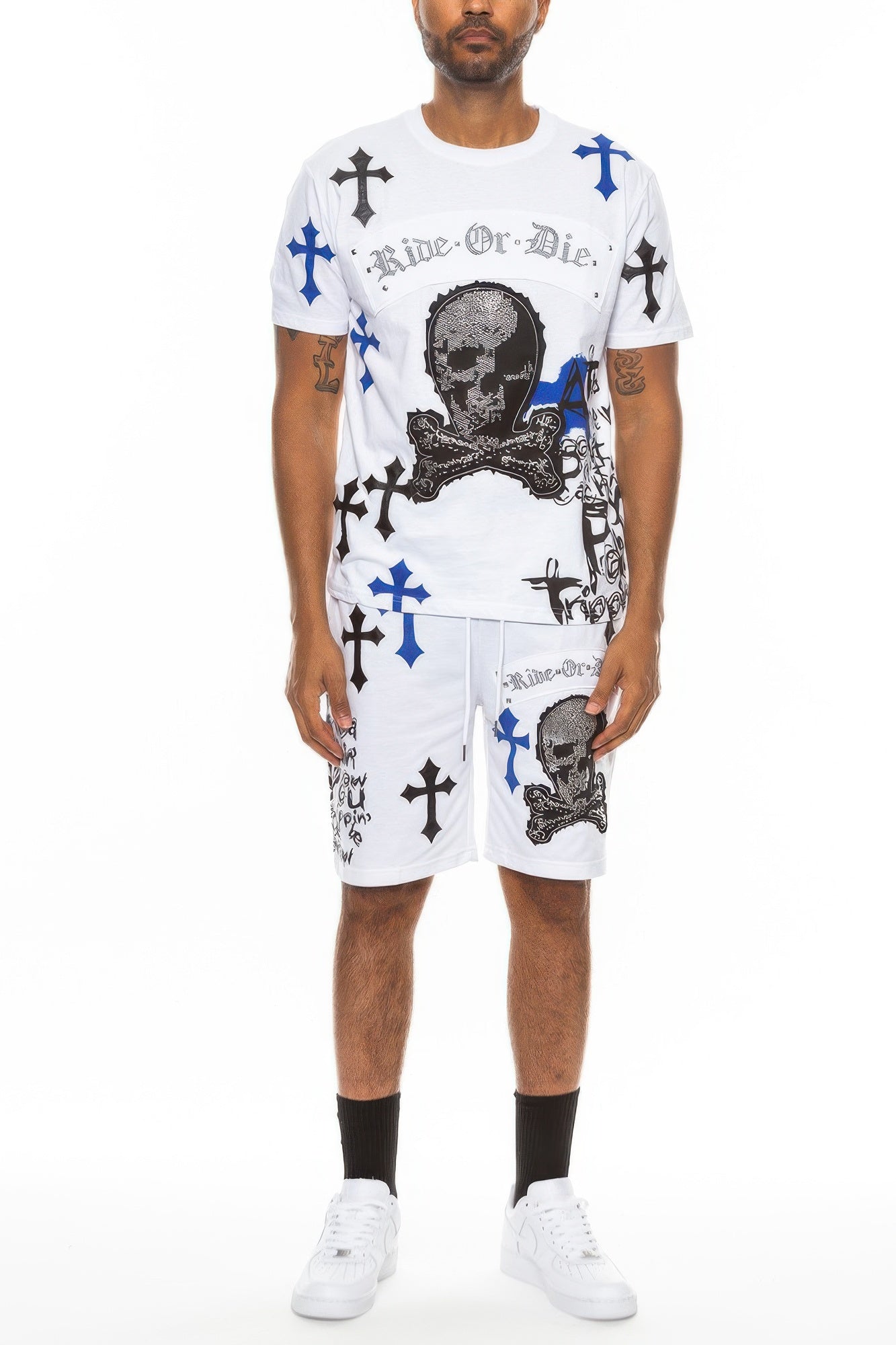 Men's T-Shirt Short Set - Cotton Chrome Cross Print - Fashions Envy