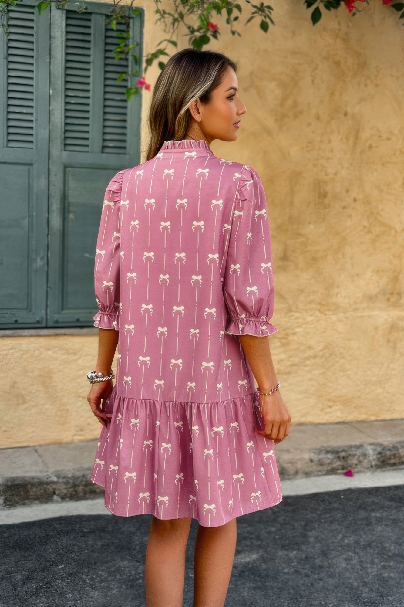 A Line Bow Ruffle V Neck Loose Fit Dress - Fashions Envy