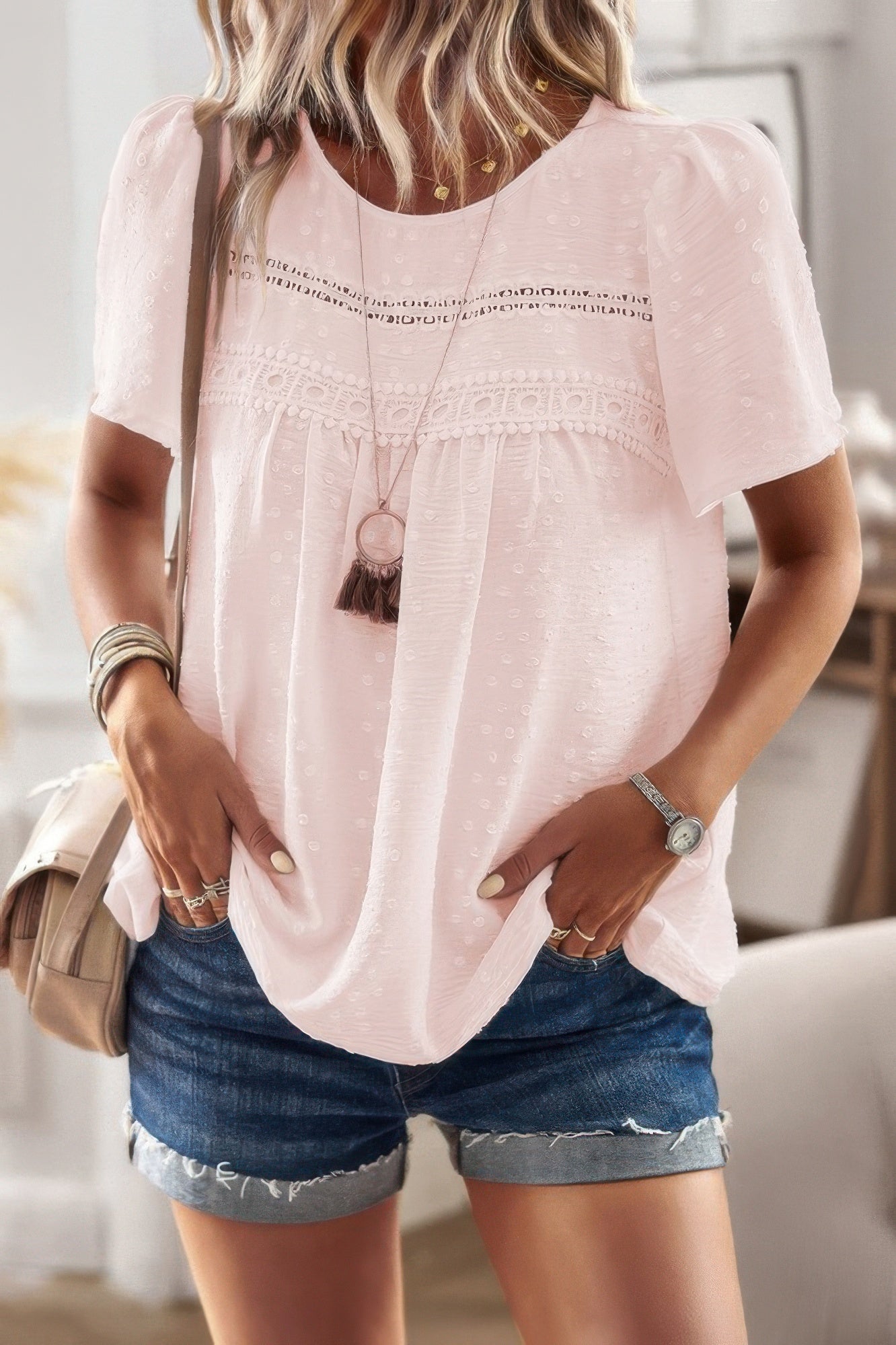 plus size solid short sleeve top light pink with lace yoke textured dot fabric scoop neck casual summer outfit