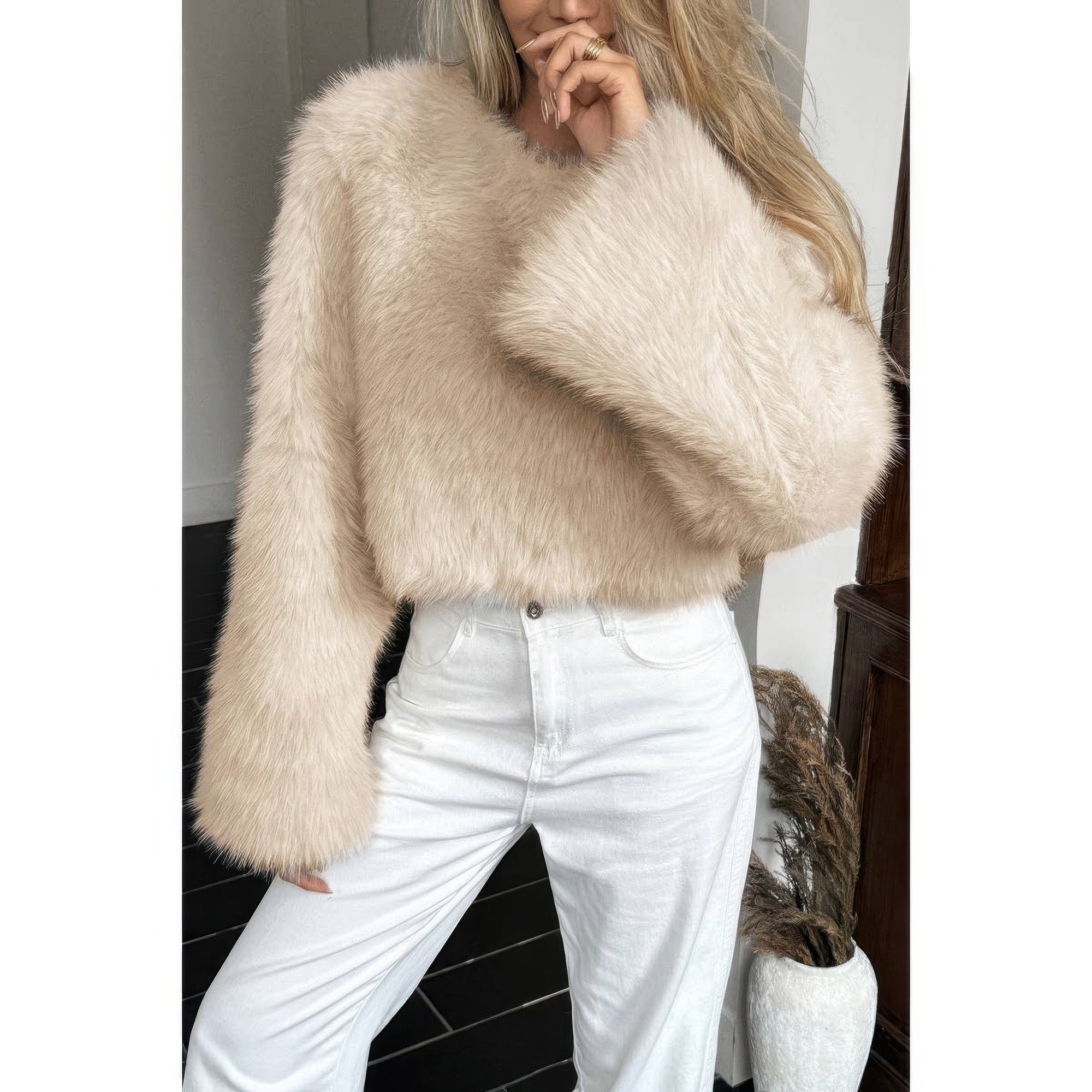 Solid Faux Fur Back Hide Zipper Pullover Coat - Fashions Envy