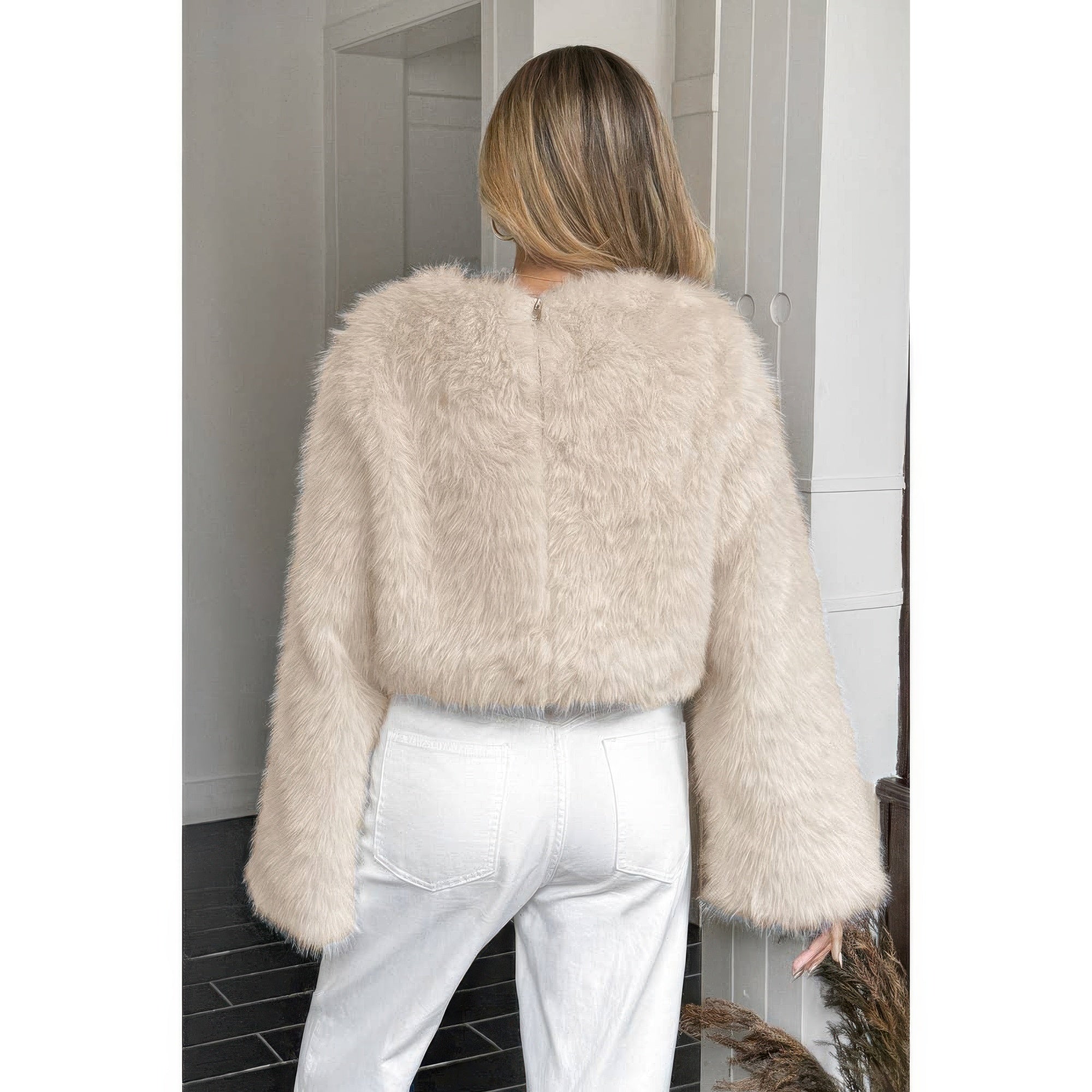Solid Faux Fur Back Hide Zipper Pullover Coat - Fashions Envy