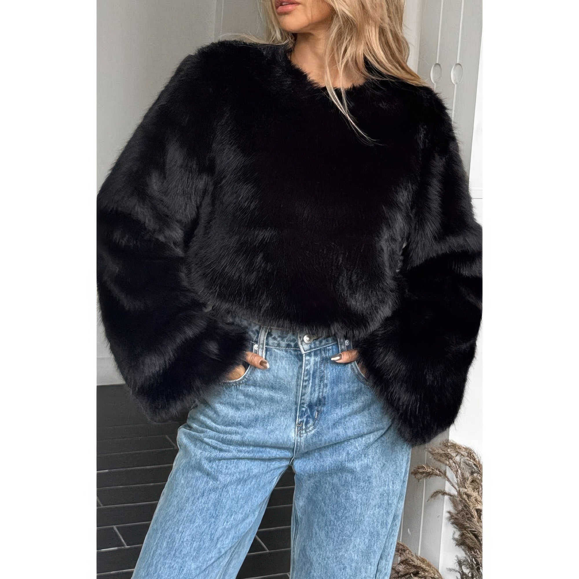 Solid Faux Fur Back Hide Zipper Pullover Coat - Fashions Envy