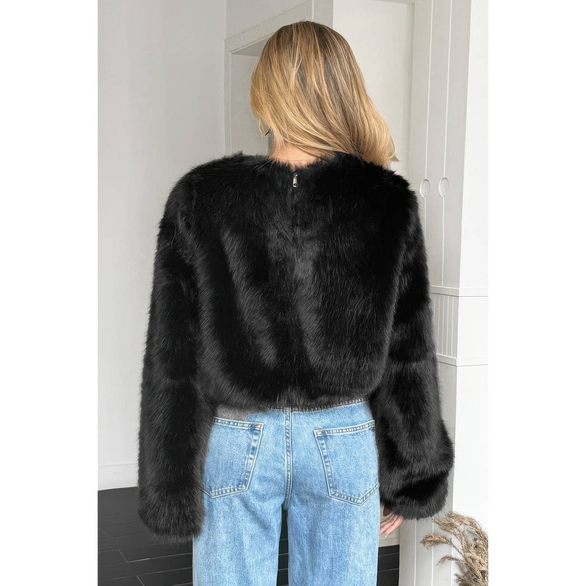 Solid Faux Fur Back Hide Zipper Pullover Coat - Fashions Envy