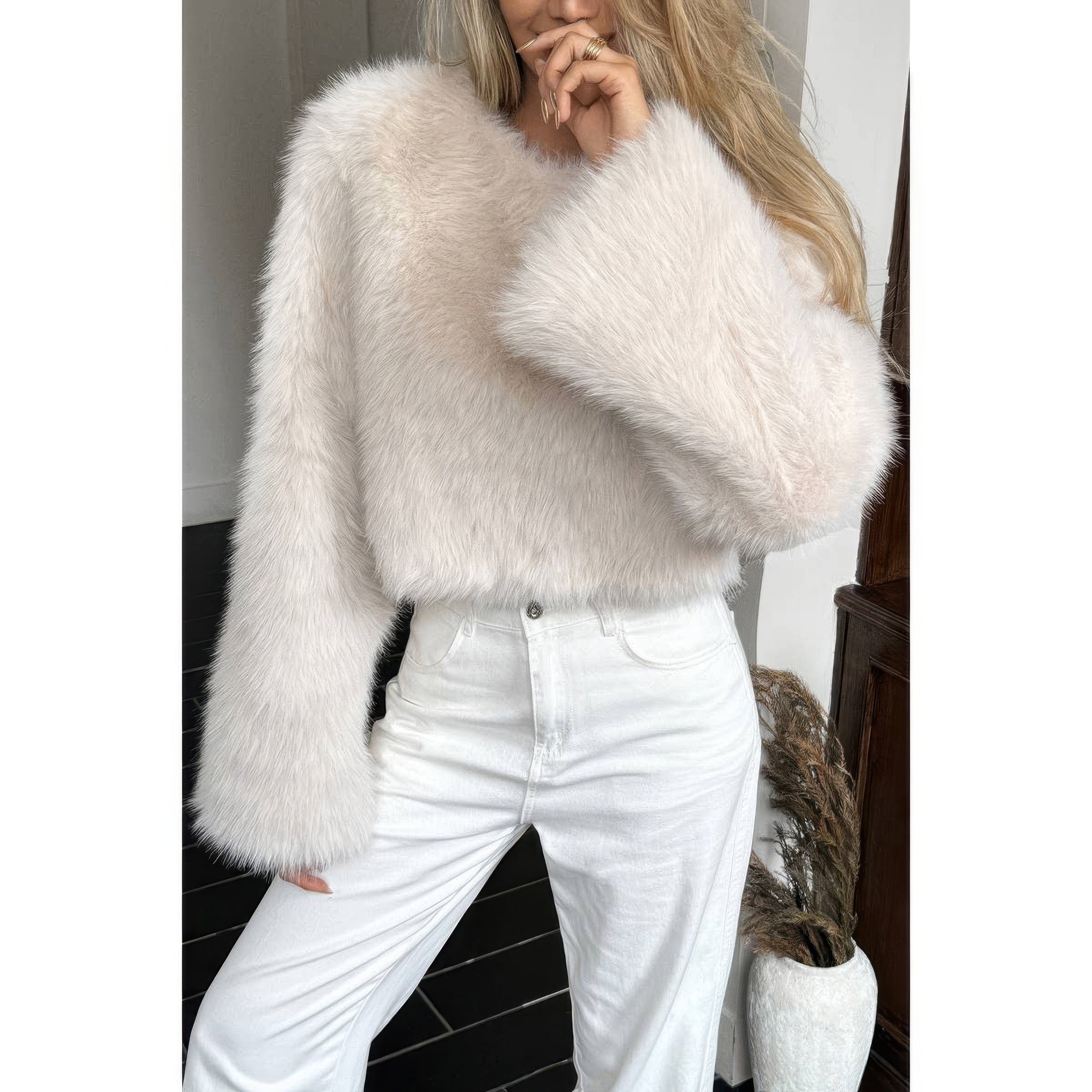 Solid Faux Fur Back Hide Zipper Pullover Coat - Fashions Envy