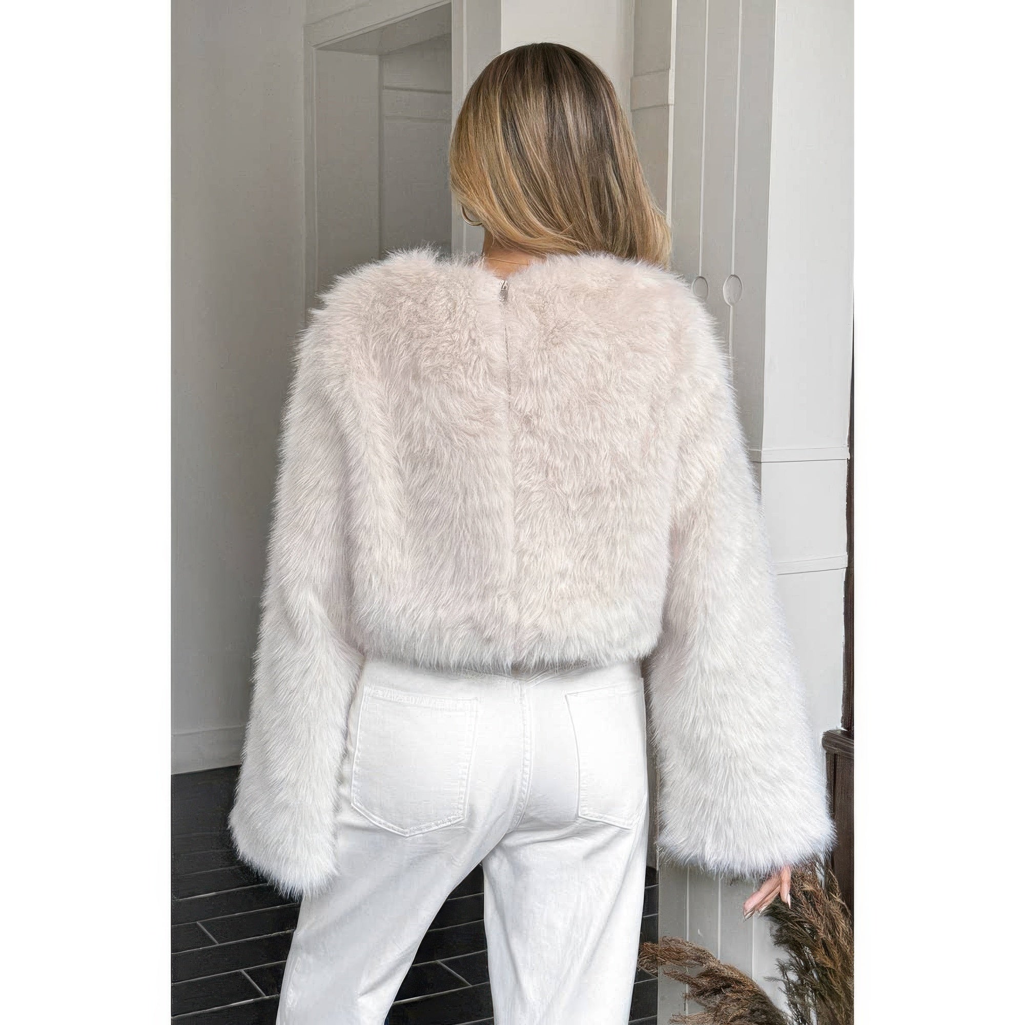 Solid Faux Fur Back Hide Zipper Pullover Coat - Fashions Envy