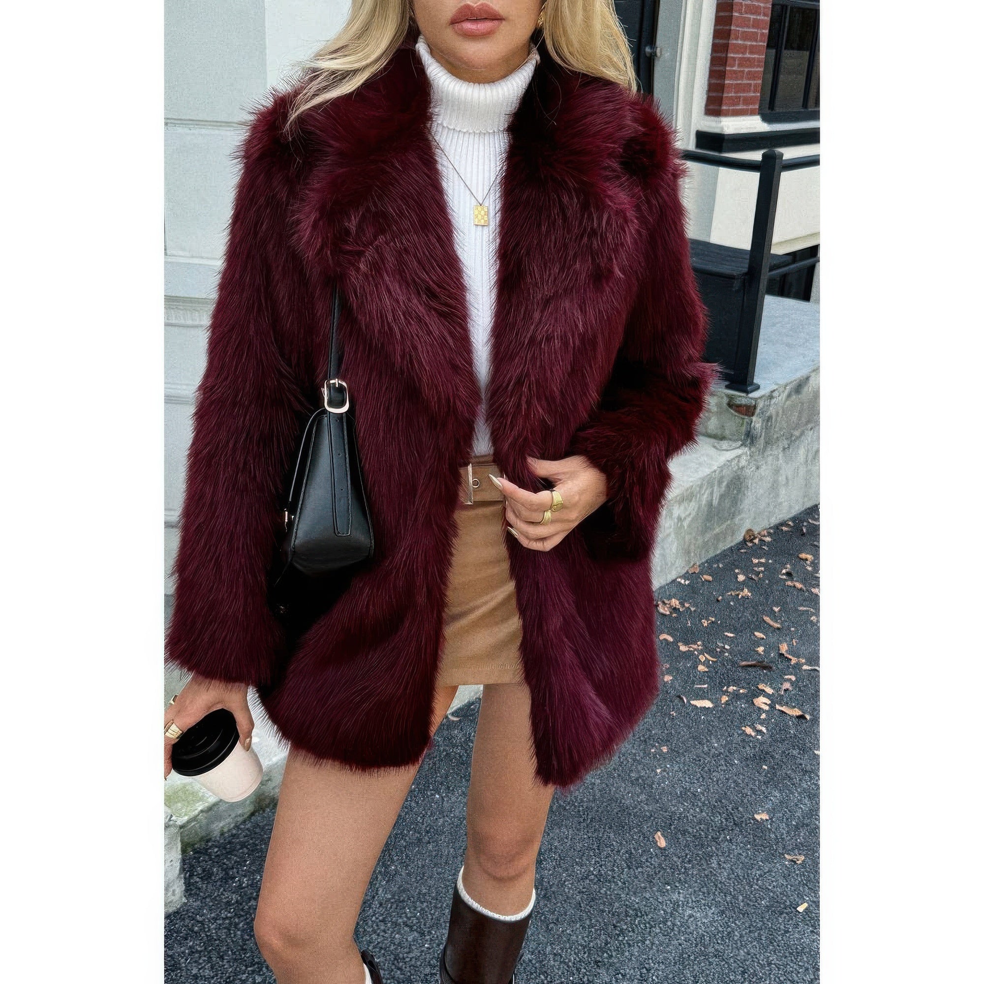 Faux Fur Fuzzy Fleece Lapel Open Front Coat - Fashions Envy