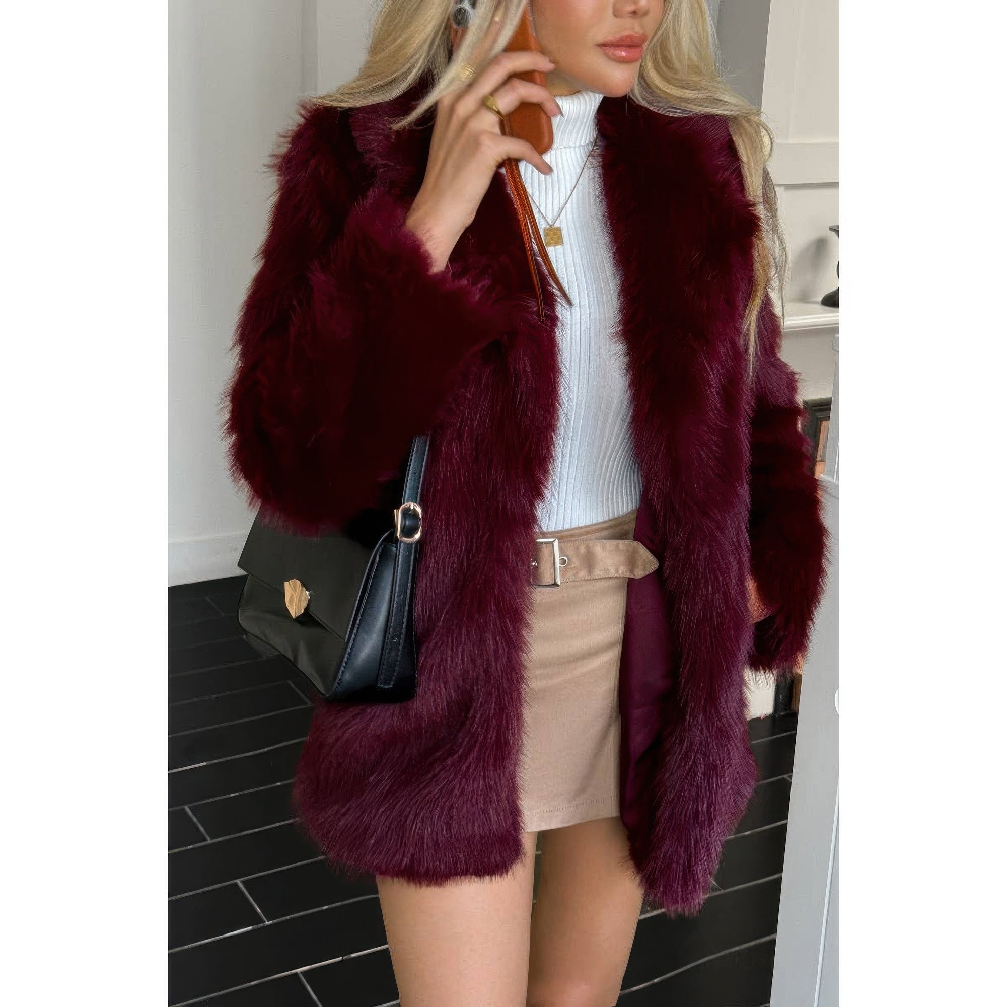 Faux Fur Fuzzy Fleece Lapel Open Front Coat - Fashions Envy