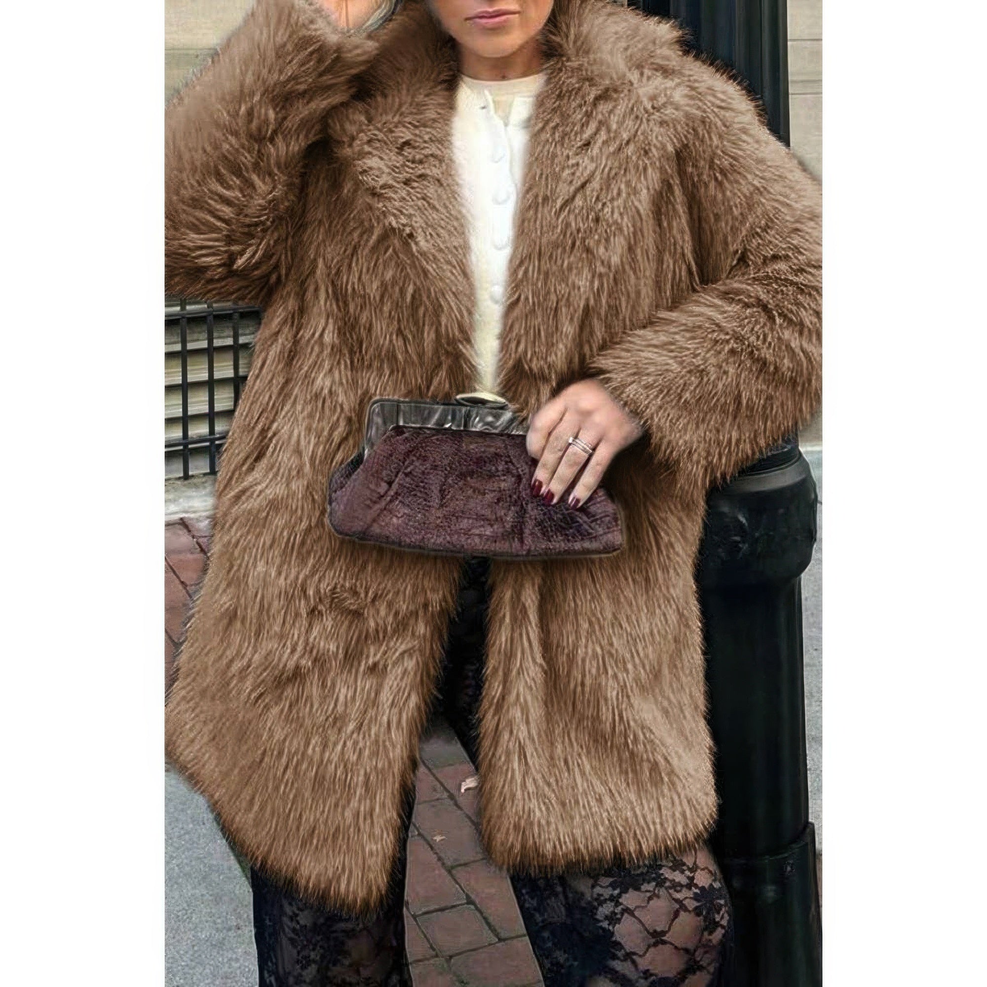 Faux Fur Fuzzy Fleece Lapel Open Front Coat - Fashions Envy