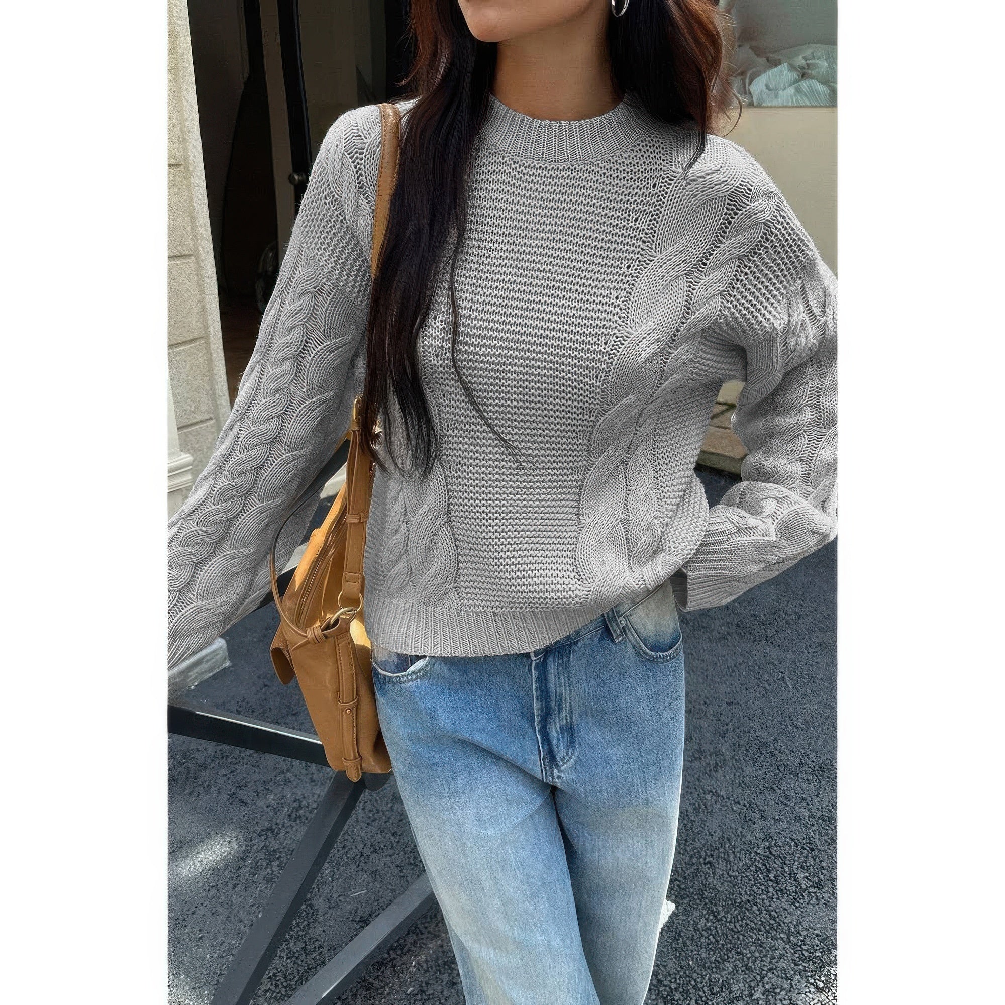 Solid Round Neck Cable Knit Pullover Sweater - Fashions Envy