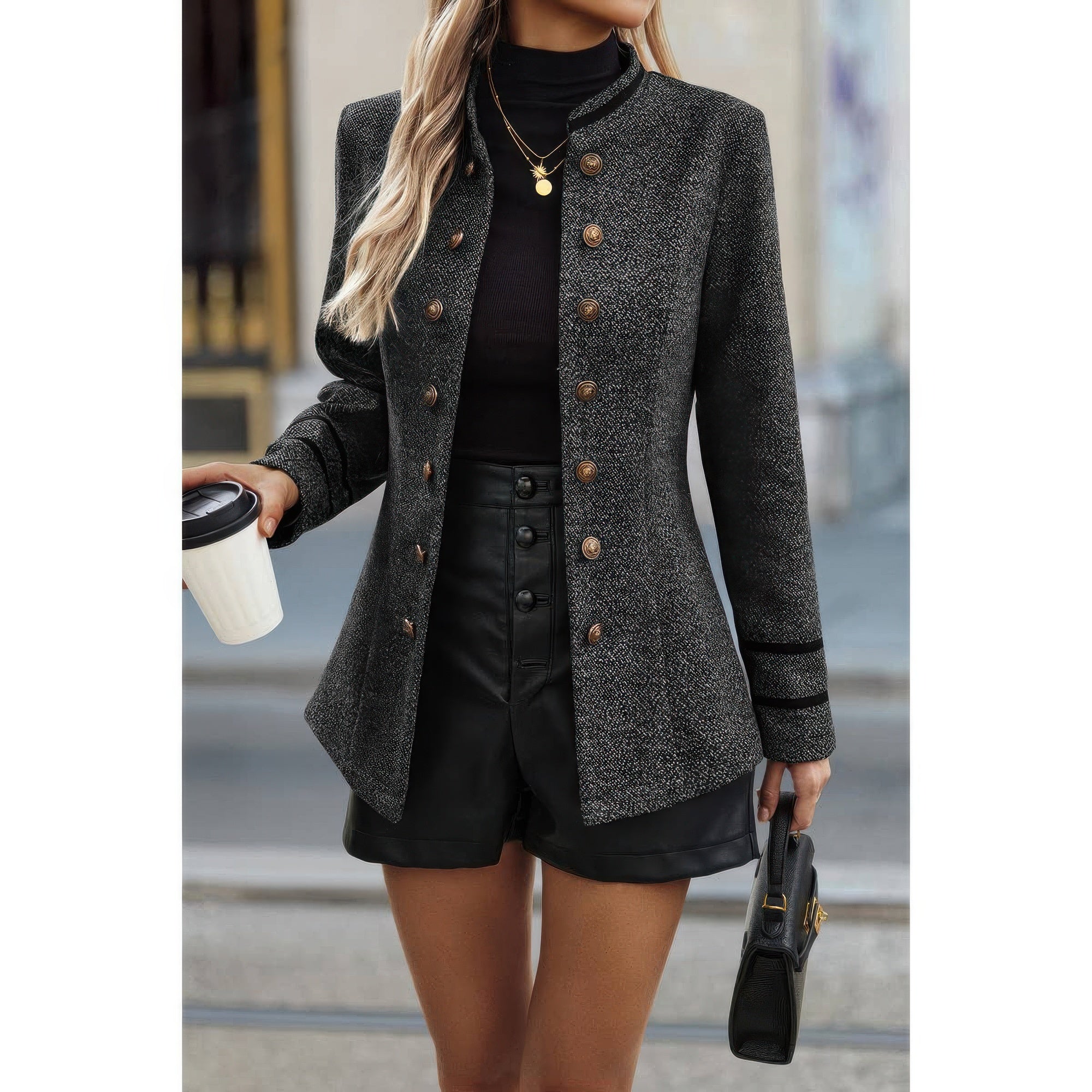 Solid Decorative Button Stand Collar Jacket - Fashions Envy