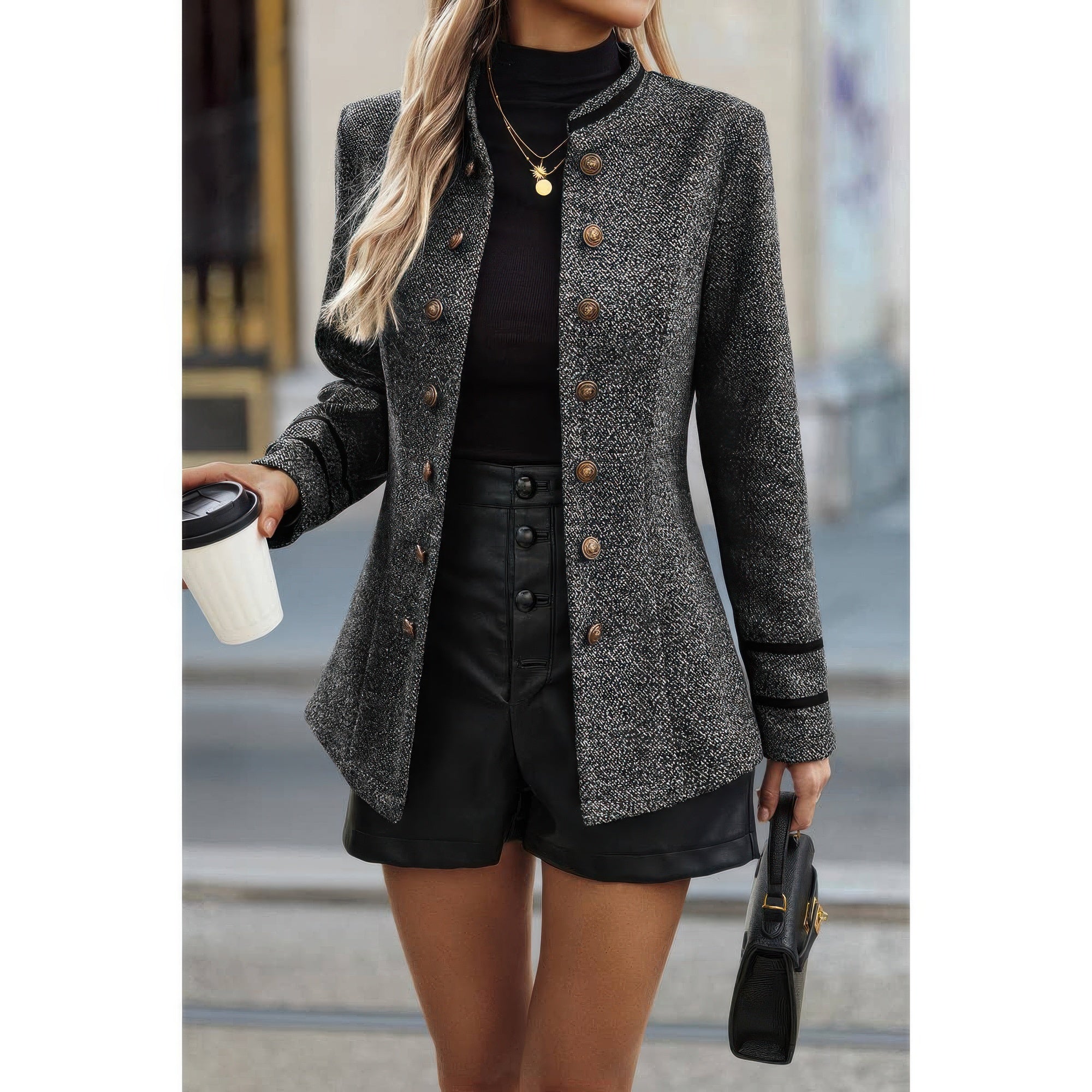 Solid Decorative Button Stand Collar Jacket - Fashions Envy