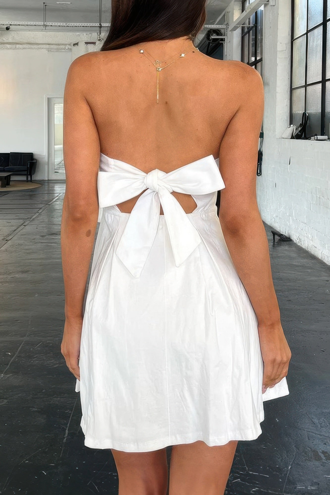Off Shoulder Open Back Mini Dress - Knot Pleated Dress
