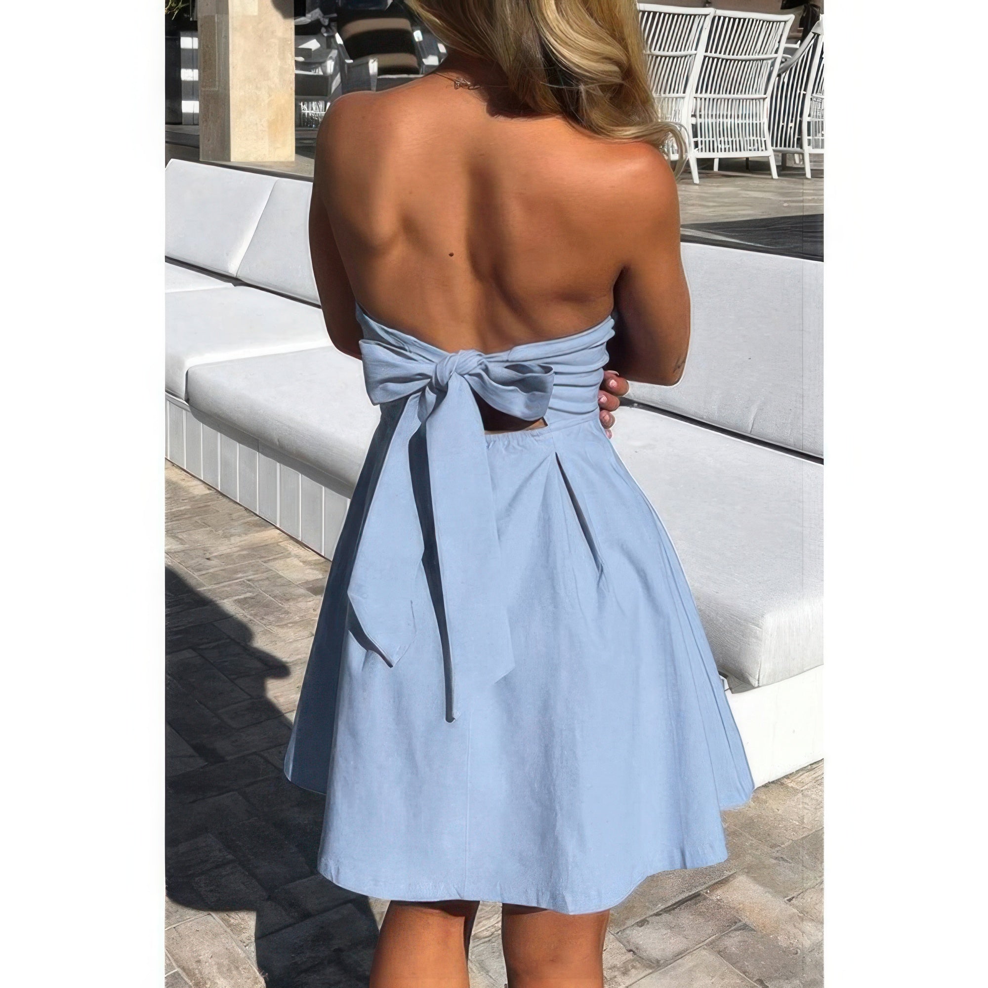 Off Shoulder Open Back Mini Dress - Knot Pleated Dress