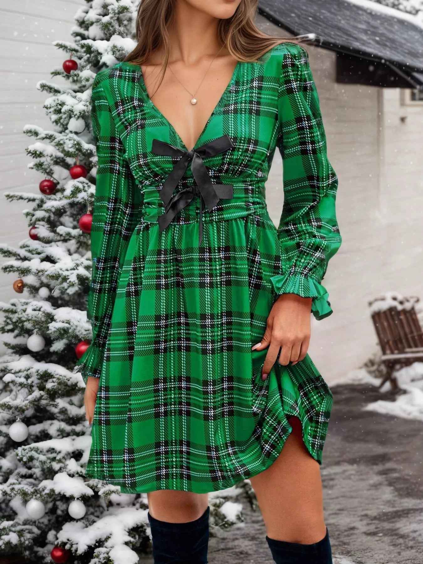 Plaid Mini Dress - V-Neck Tie Front Holiday Dress - Fashions Envy