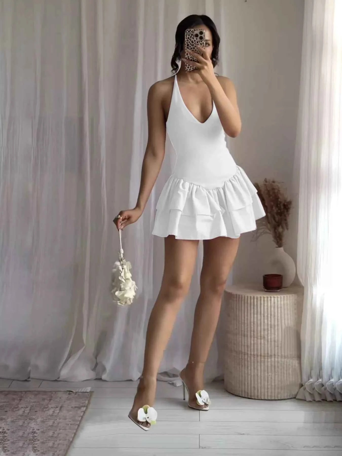 Crisscross Layered Ruffle Hem Mini Dress