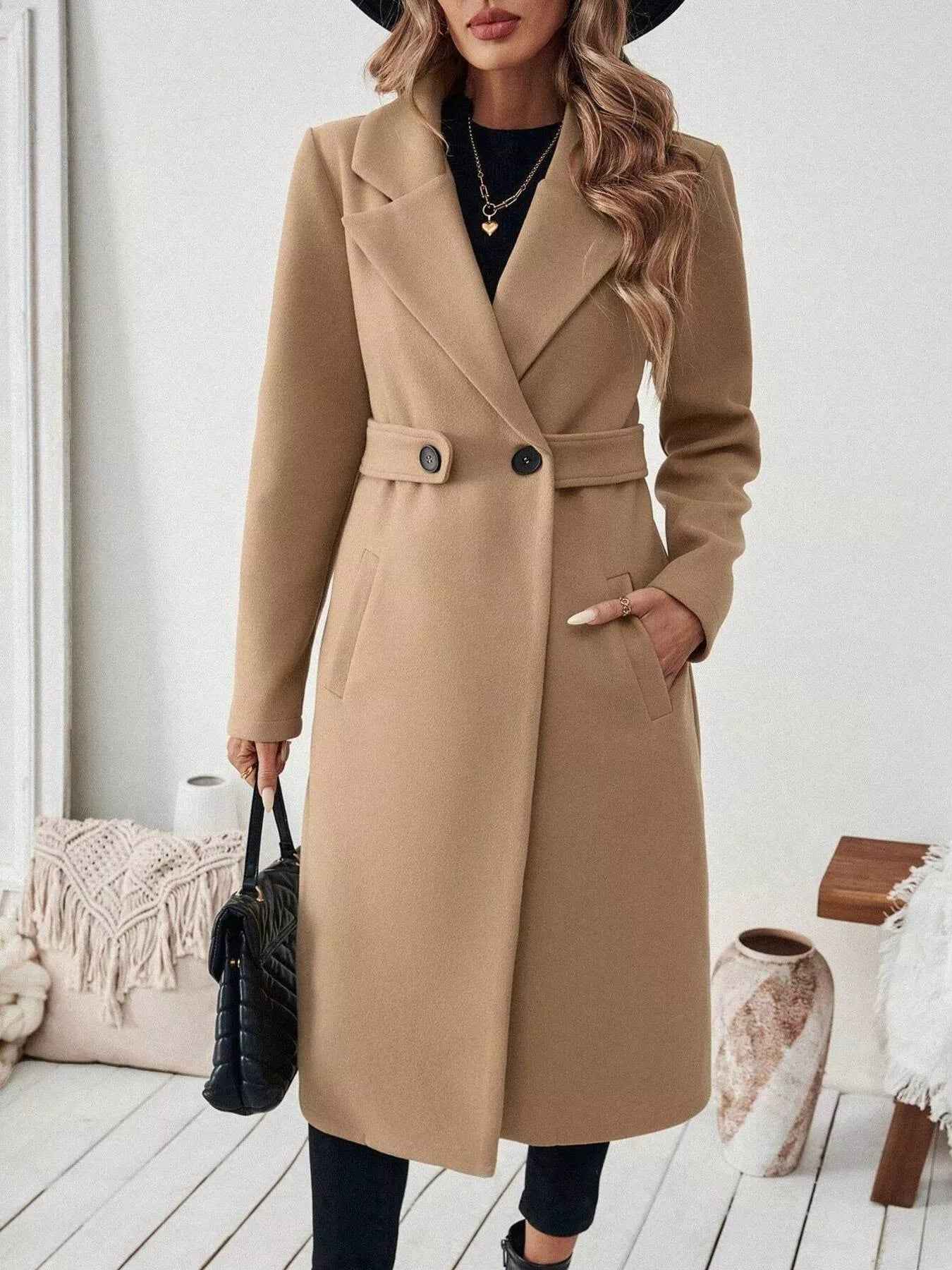 Wool Blend Overcoat - One Button Belted Long Coat - Fashions Envy