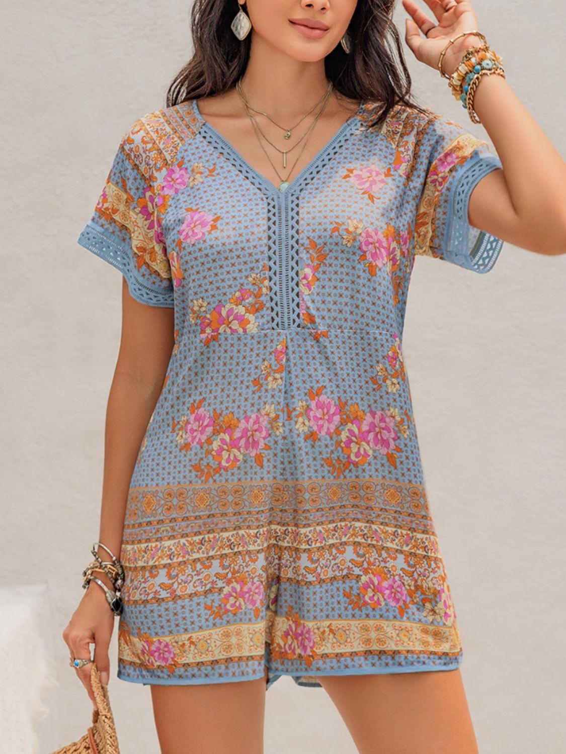 Printed V-Neck Short Sleeve Light Blue Romper