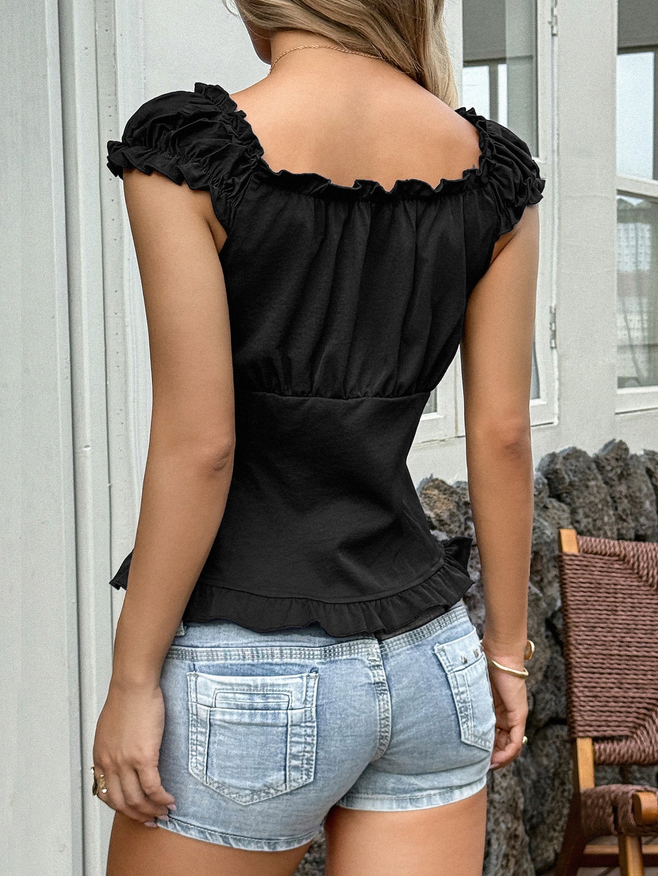 Off-Shoulder Ruffle Top - Button-Front Pleated Blouse